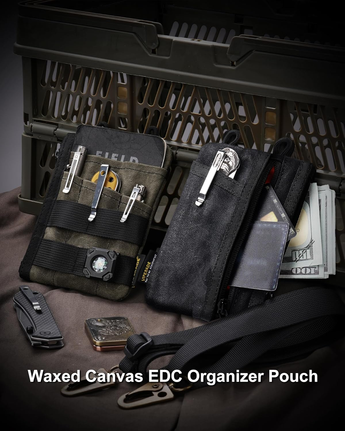 VIPERADE VE16N-OW Waxed Canvas Small EDC Pouch with 7 Pockets, Pocket Organizer Pouch for Men, Small Tool Pouches for EDC Multitools Pocket Knife Flashlight image number 4