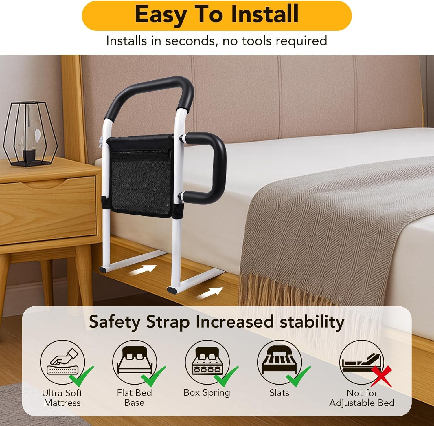 Bed Rails for Elderly Adults Safety - Adjustable Bed Assist Rails for Seniors with Dual Handrails, Easy Tool-Free Installation, Flat Tube Design, Storage Pocket,300Lbs Weight Capacity for Support image number 1
