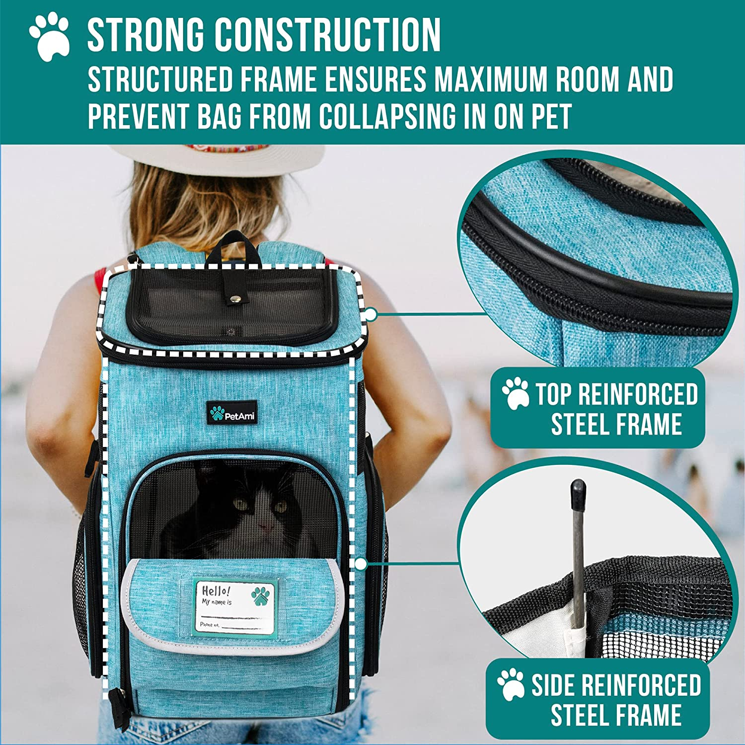 Petami Pet Carrier Backpack for Small Cats, Dogs, Puppies | Ventilated Structured Frame, 4 Way Entry, Safety and Soft Cushion Back Support | Collapsible for Travel, Hiking, Outdoor (Turquoise) image number 4