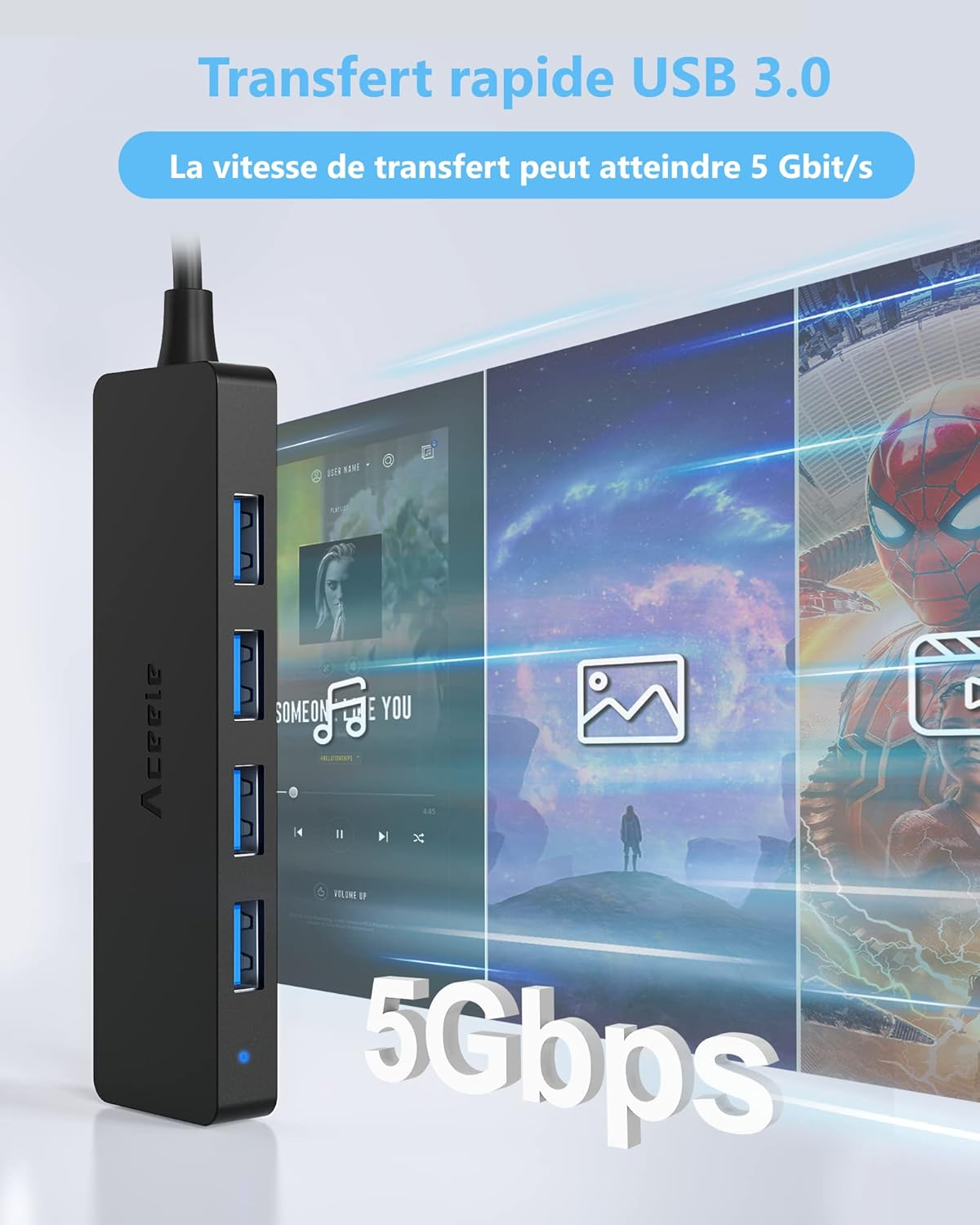 Aceele USB 3.0 HUB 5 Ports (With Power), Ultra-Slim with 4 Data Ports Type 3.0, Superspeed 5Gb/S, Micro USB Power Port, for Macbook Air/Pro, Surface Pro, Dell XPS 15, Flash Drive. image number 6