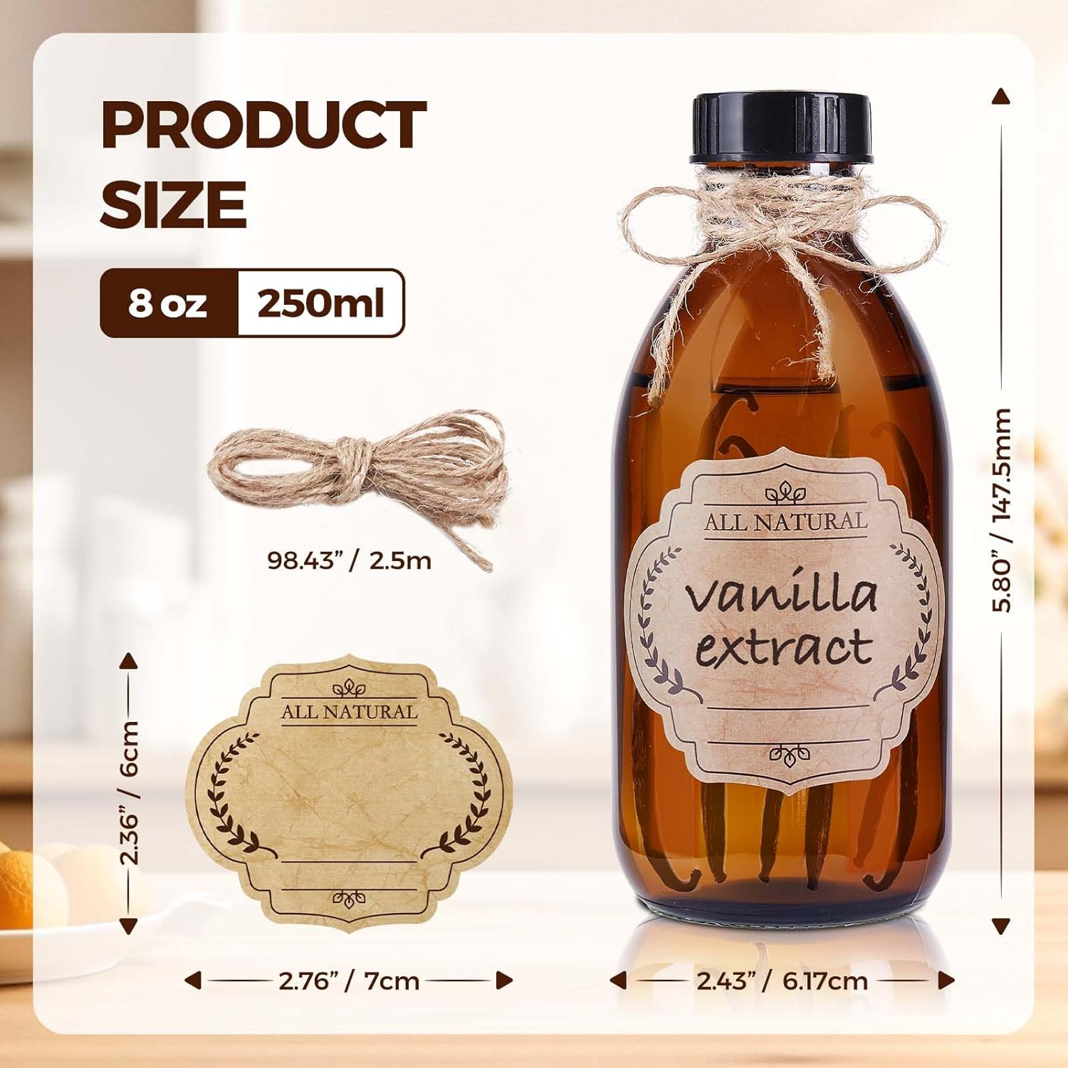 12 Pack, 8 OZ Amber Glass Bottles with Caps Leakproof Refilllable Empty Brown Boston Sample Dispensing Bottles for Homemade Vanilla Extract, Essential Oils, Potion, Juice, Ginger Shots, Liquids