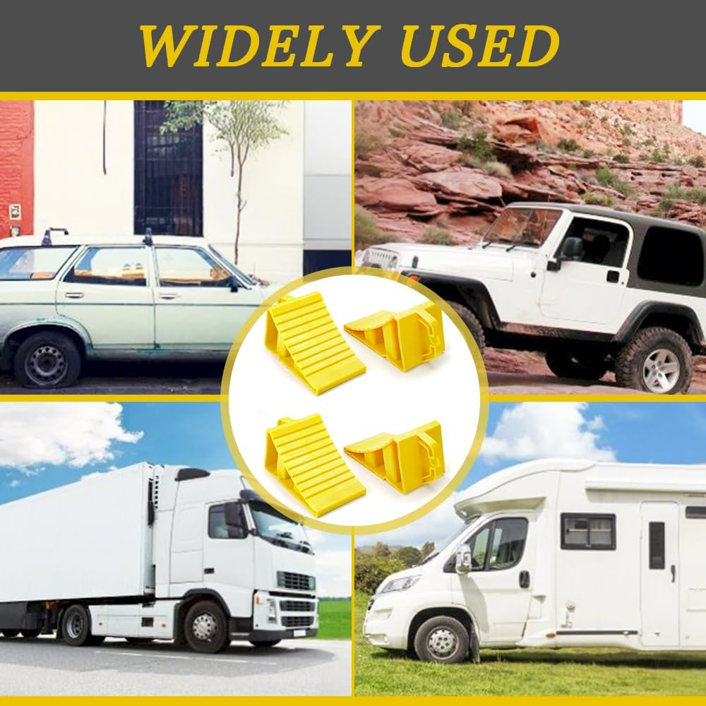 4 Pack Wheel Chocks, Heavy Duty RV Tire Chocks, Camper Wheel Chocks with Handle, Easy to Carry, Car Chocks for Travel Trailers, Campers, Cars, Trucks, Yellow image number 3