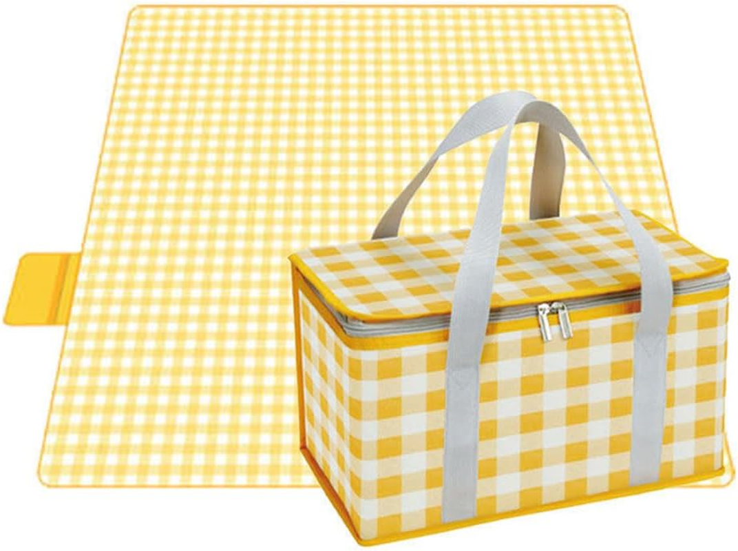 Hbluefat Picnic Blankets Set, Picnic Blankets Mat for 2-4 Adults and Bag Waterproof Quick Drying Outdoor Picnic Mat for Travel Camping Hiking Festival Park Lawn (Yellow Plaids)