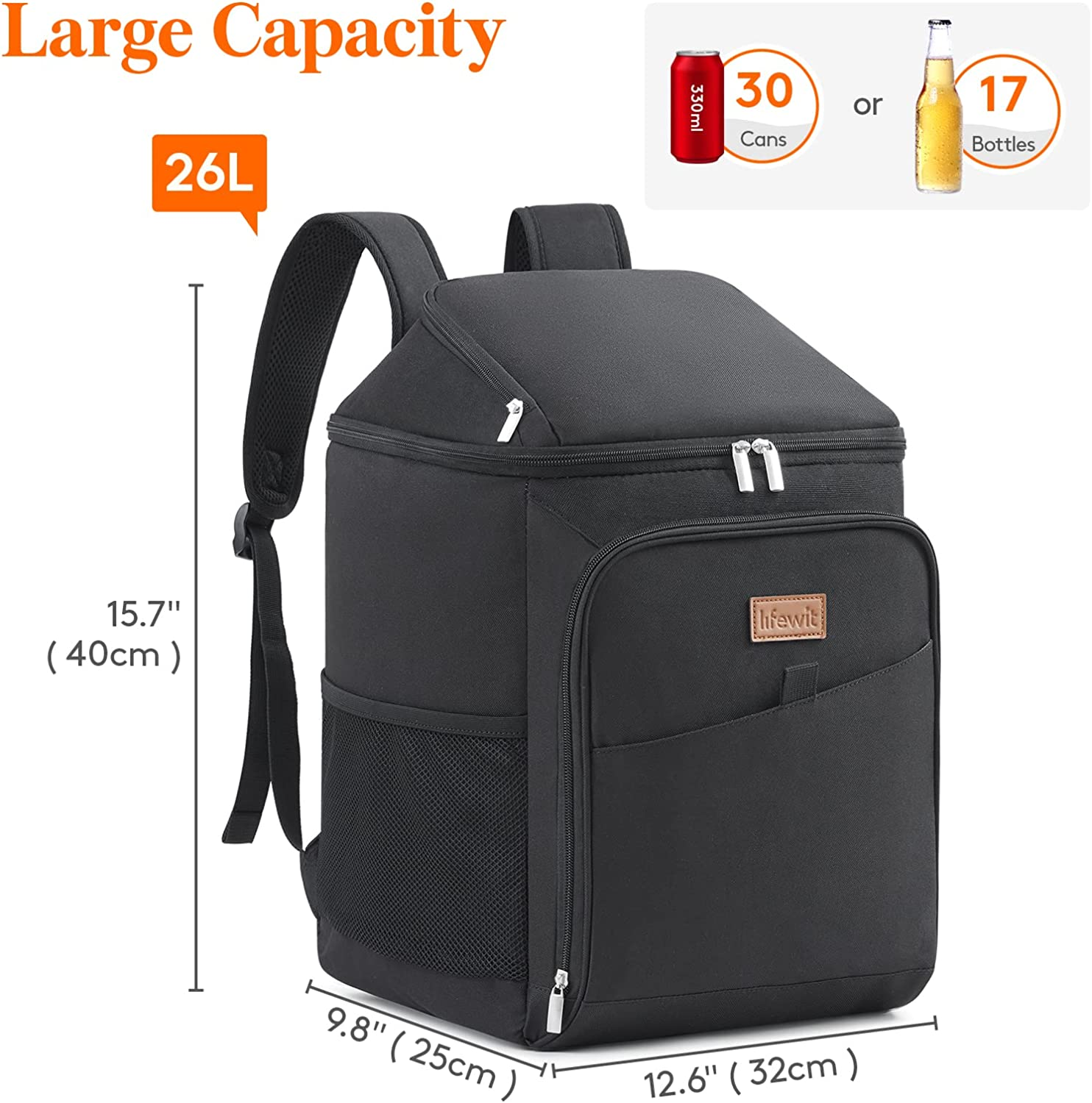 Lifewit 26L 34-Can Insulated Cooler Backpack Cool Bag, Large Picnic Bag Leakproof Portable Fridge Soft Food Cooler Box for Men Women for Outdoor/Picnic/Beach/Bbq/Camping/Travel/Family, Black image number 1