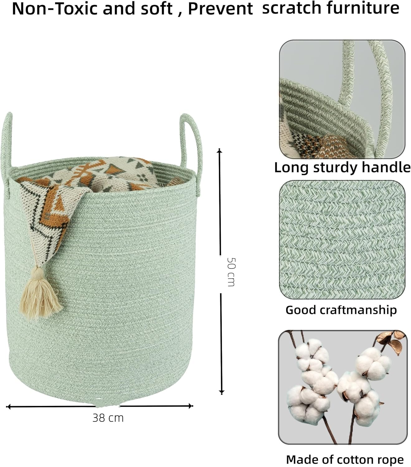 Large Laundry Hamper, Laundry Hamper for Toys, XICEN Tall Woven Laundry Basket for Clothes, Blanket Storage Basket for Living Room, 38Cm * 45Cm (Green) - Brown White image number 2
