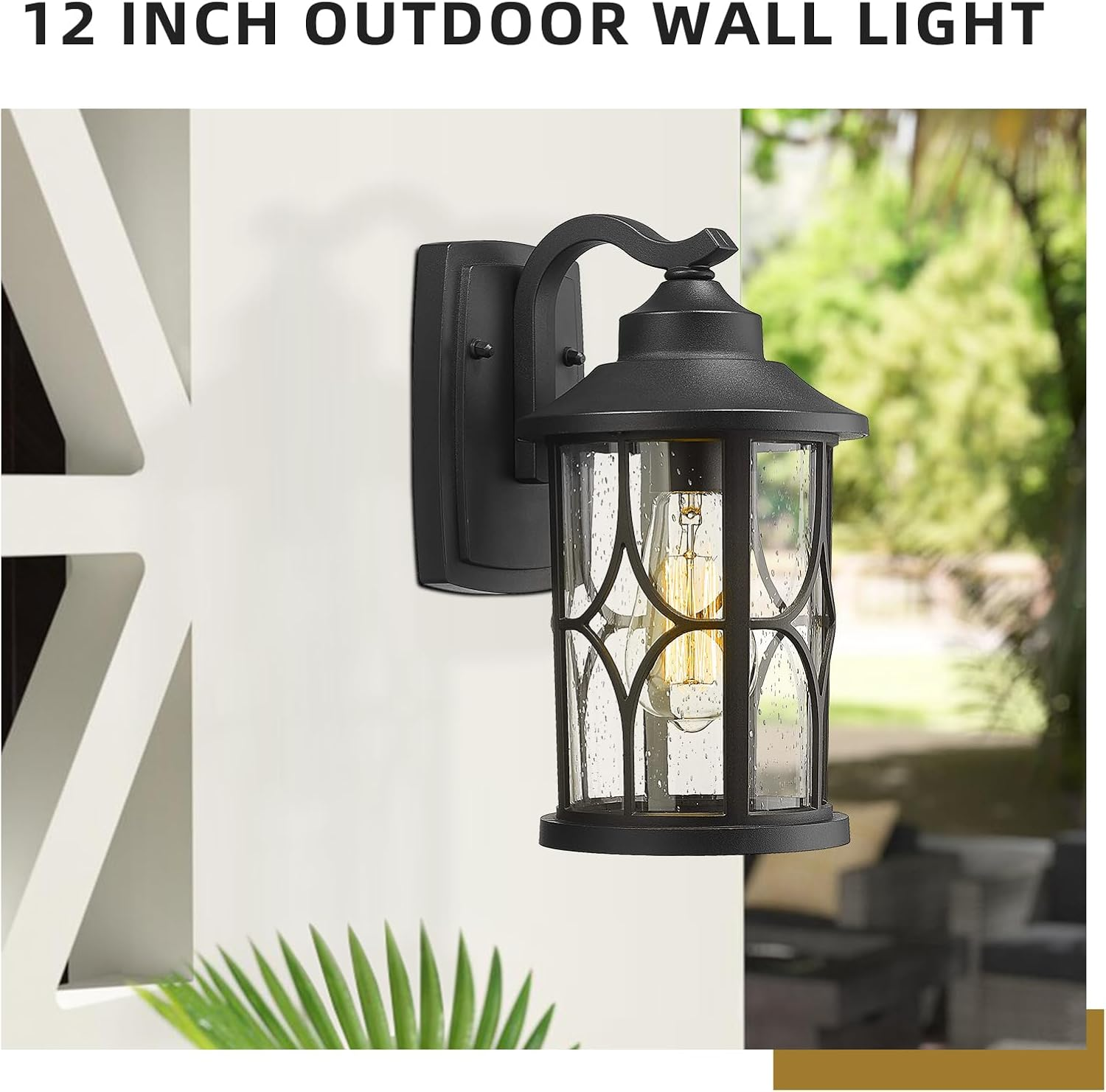 EMLIVIAR Farmhouse Outdoor Wall Lantern - 12 Inch Exterior Wall Sconce, Cast Aluminum with Seeded Glass, Black Finish, AUX04B BK image number 3