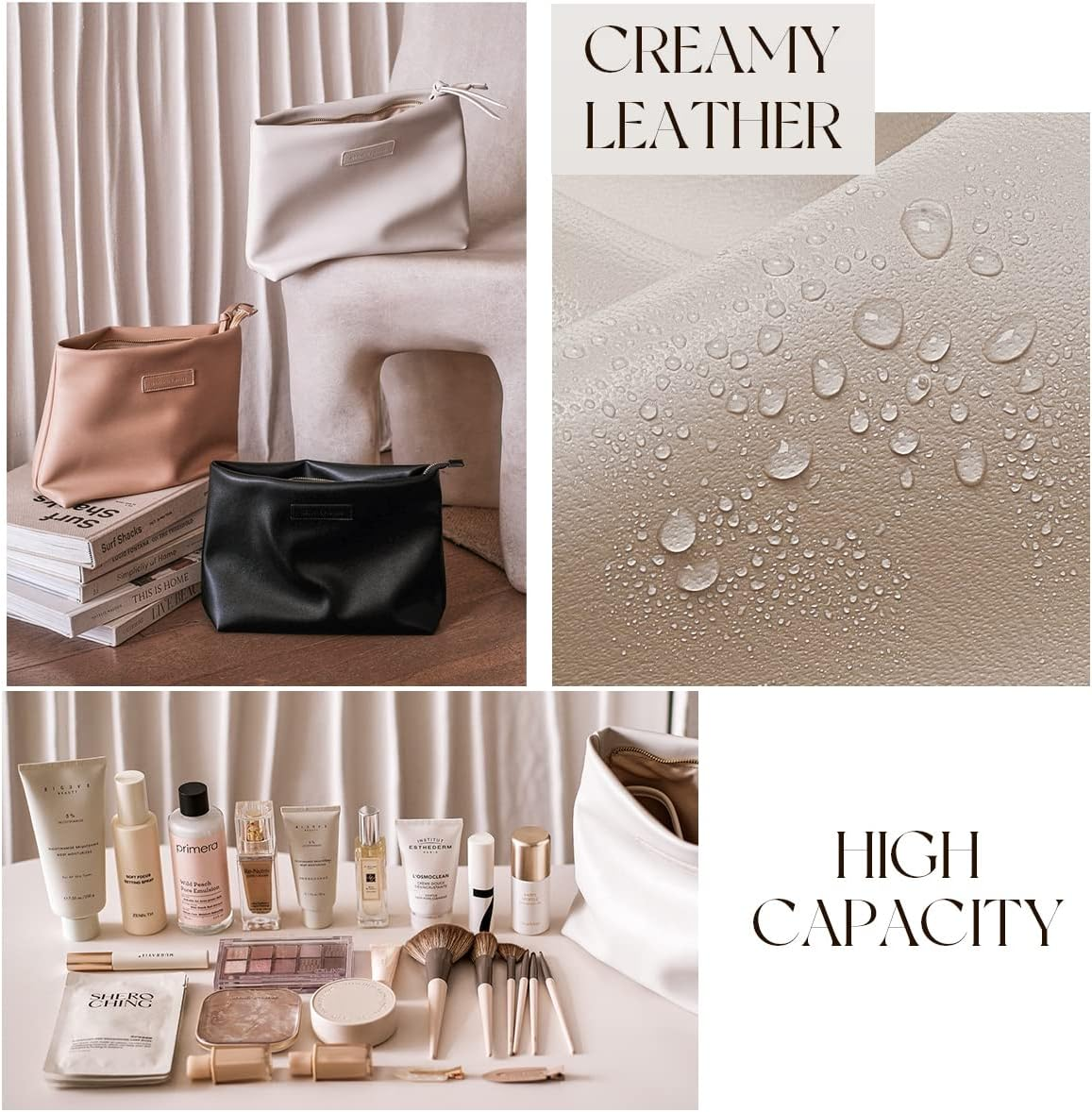 DDPOND Creamy Puffer Large Capacity Travel Cosmetic Bag for Women Skincare Care with Compartments White Makeup Bag (Black) - Black image number 6