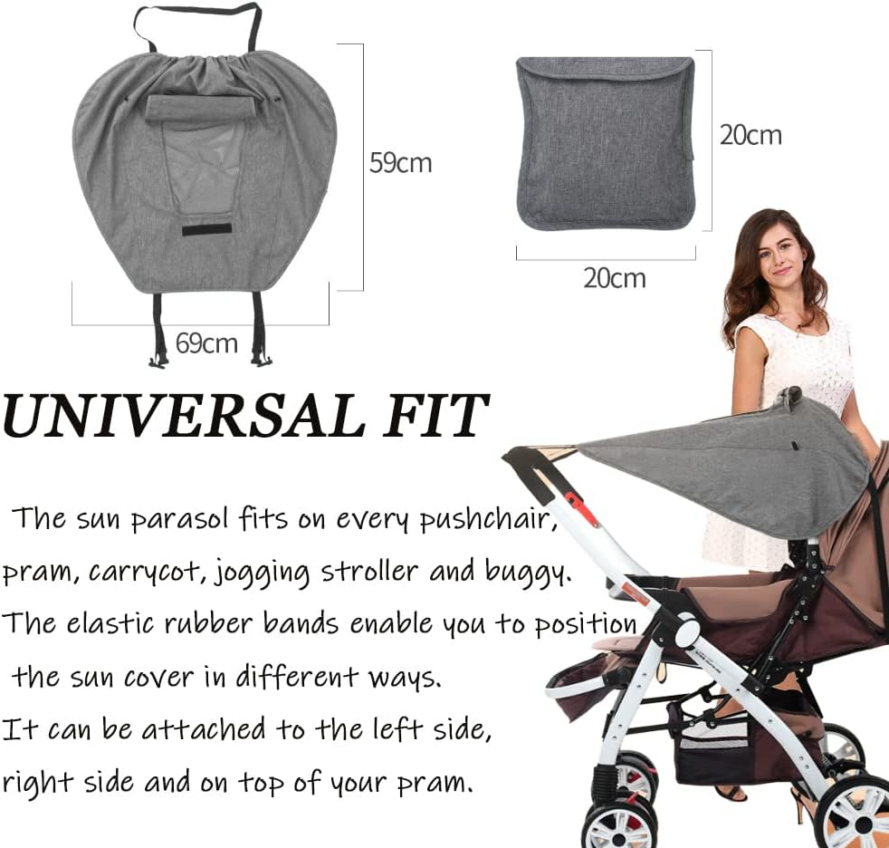 Upf50+Universal Buggy Pram Sunshade Waterproof Baby Strollers Sun Cover with Viewing Window Foldable Adjustable Toddler Pram Window Pushchairs Sun Visor Anti-Uv Umbrella Canopy - Grey image number 3