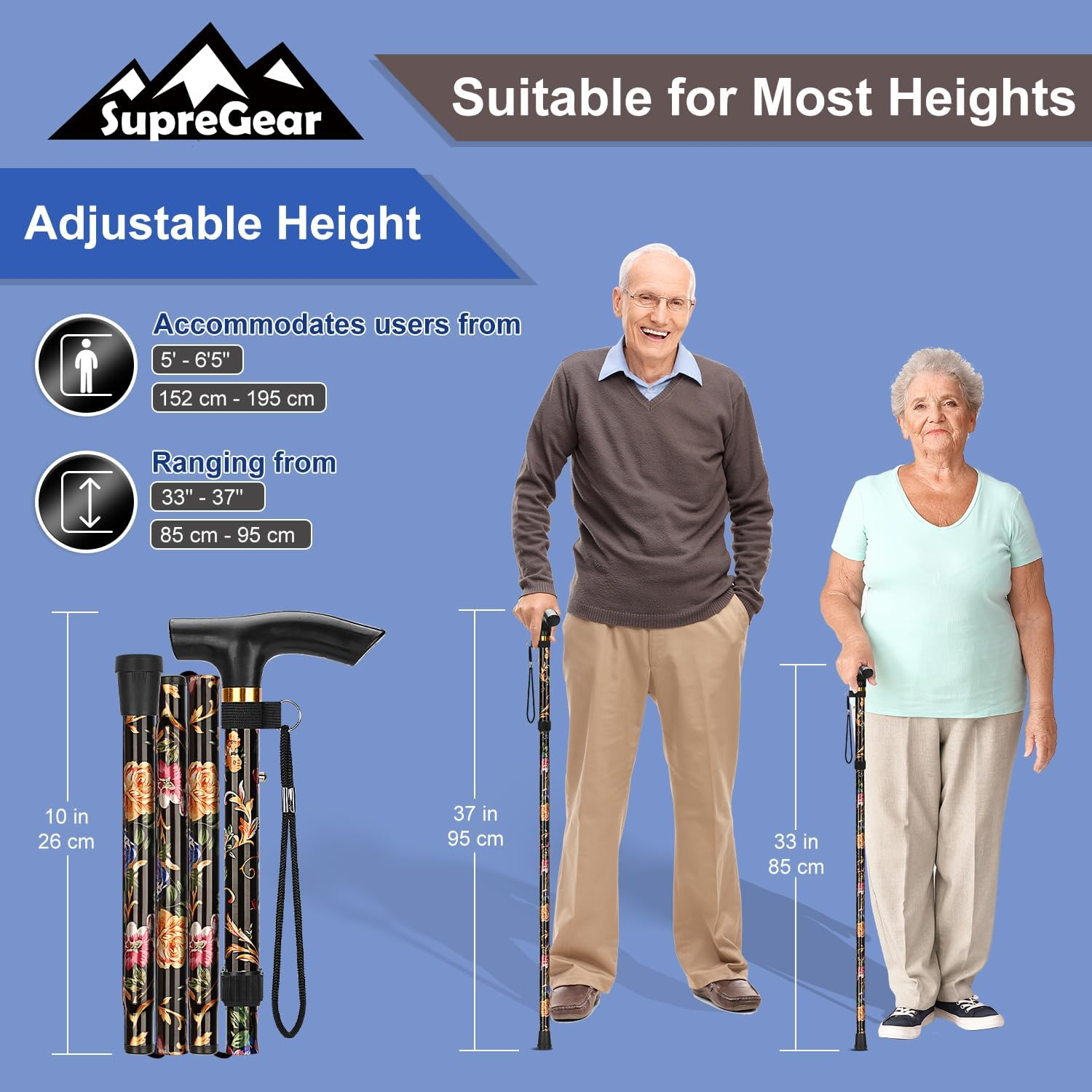 Supregear Walking Stick - Adjustable Folding Walking Sticks for Women and Men - Lightweight Portable Collapsible Balancing Aid - Travel Cane for Ladies Elderly Adults, Black Floral image number 6