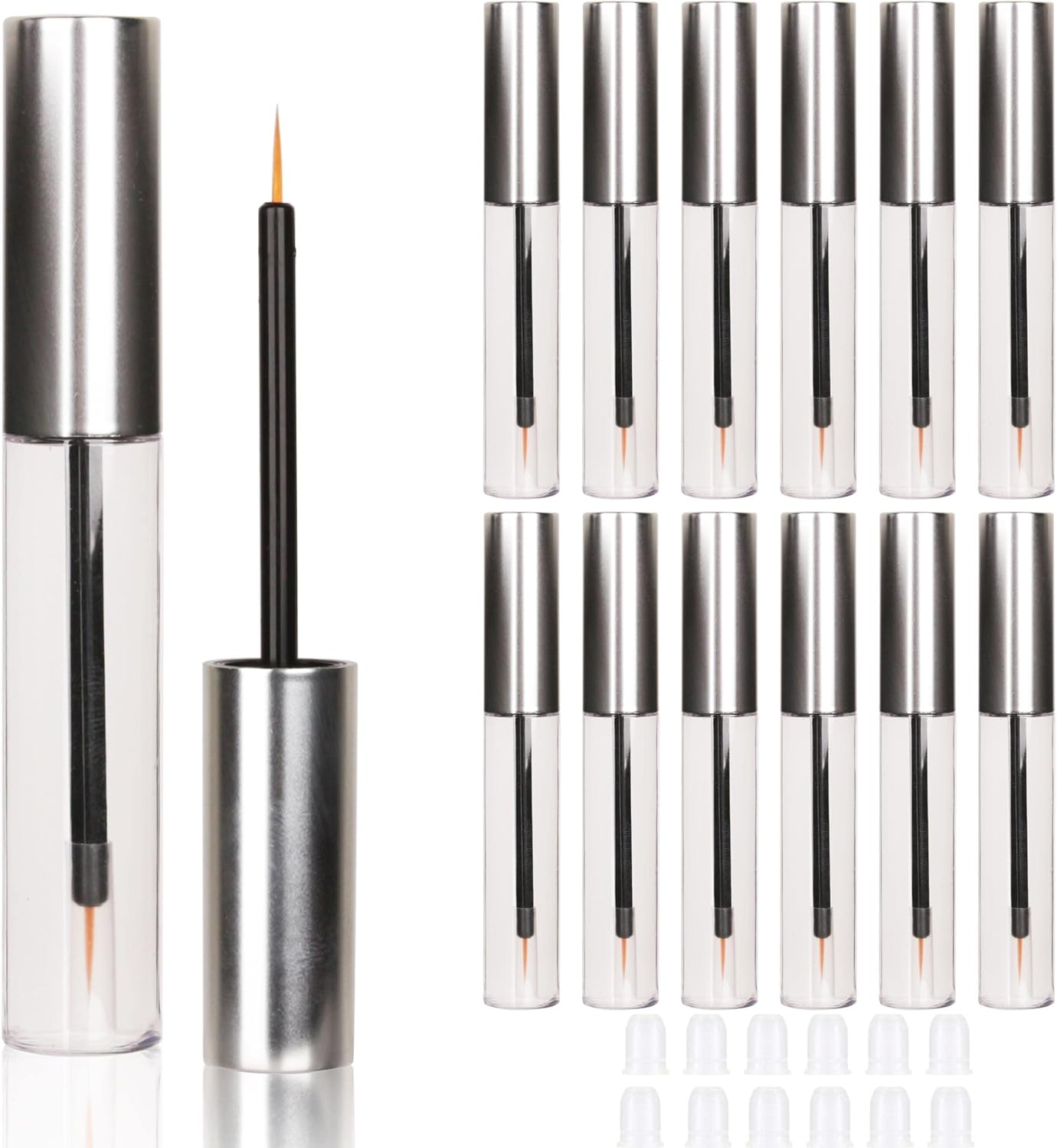 COSIDEA 12PCS Empty Plastic Matte Silver 10Ml Eyeliner Tubes Packing Vials Bottle Containe Eyeliner Brush Applicator for DIY Eyelash Growth Oil image number 1