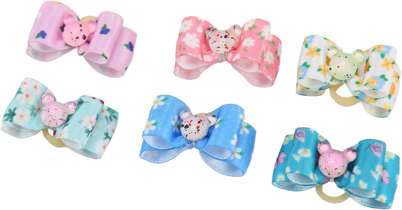 JOROBURO 16 Pcs Dog Hair Bows, Floral Pattern Multicolor 2 Layer Butterfly Bow, Pet Hair Bowknot Pet Grooming Hair Accessories with Rubber Bands for Dog Puppy Cat image number 5