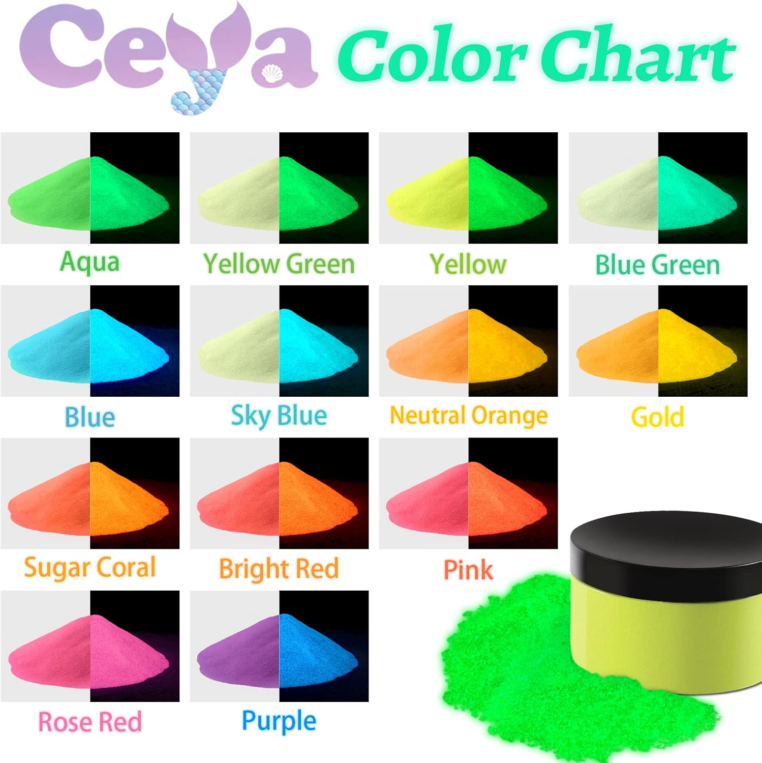 Ceya Fluorescent Yellow Glow Powder, 5.3Oz/150G Glow in the Dark Pigment, Luminous Resin Color for Epoxy Resin Slime, Nail Art, Party DIY Crafts - Blue image number 5
