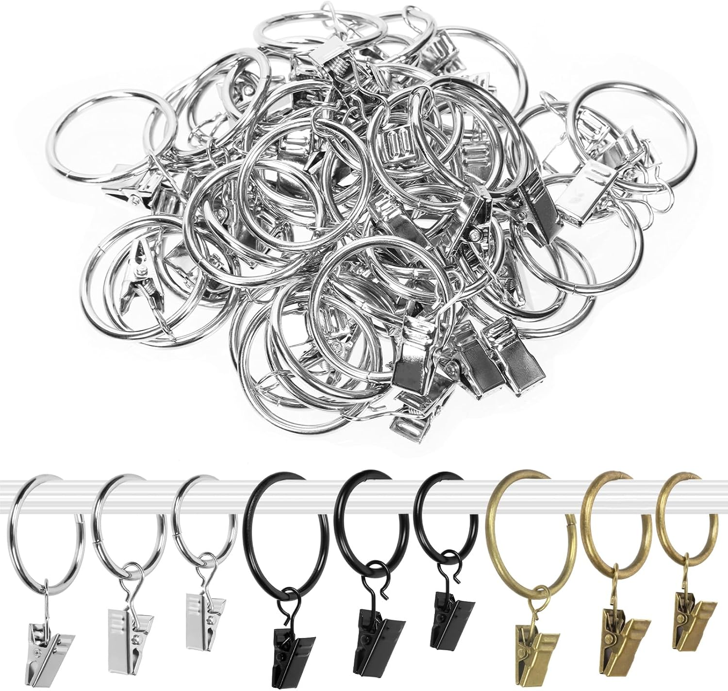 Swpeet 40 Pack Silver Curtain Rings with Clips, Curtain Clip Rings Hooks, Bow Hanger Clips, Hangers Drapes Rings for Hanging Drapery Drapes Bows, Ring 1.38" Interior Diameter, Fits up to 1" Rod - Silver image number 3