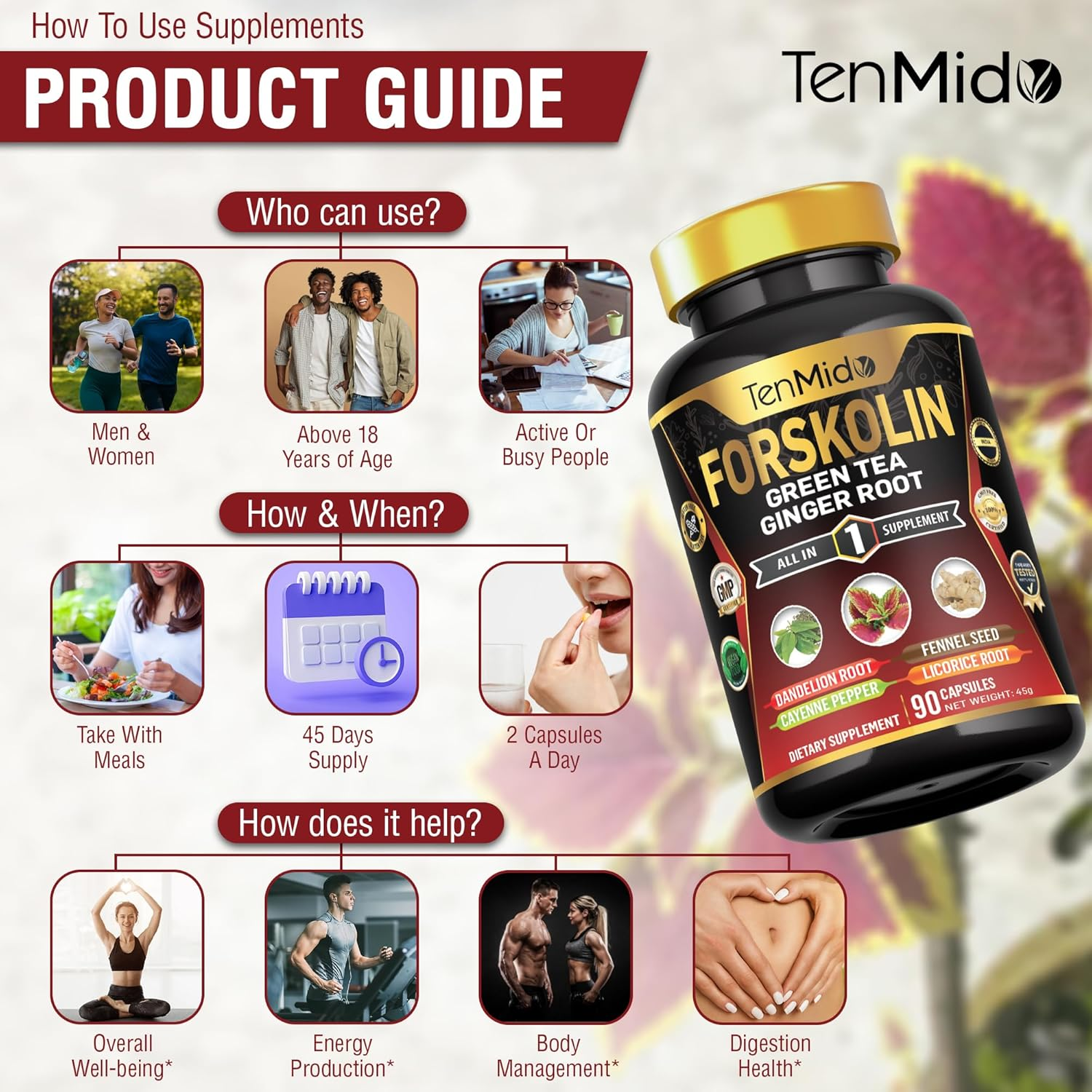 Forskolin Supplement with Green Tea, Ginger Root, Dandelion Root, Cayenne Pepper, Fennel Seed, and Licorice Root - 90 Vegan & Non-Gmo Capsules image number 2