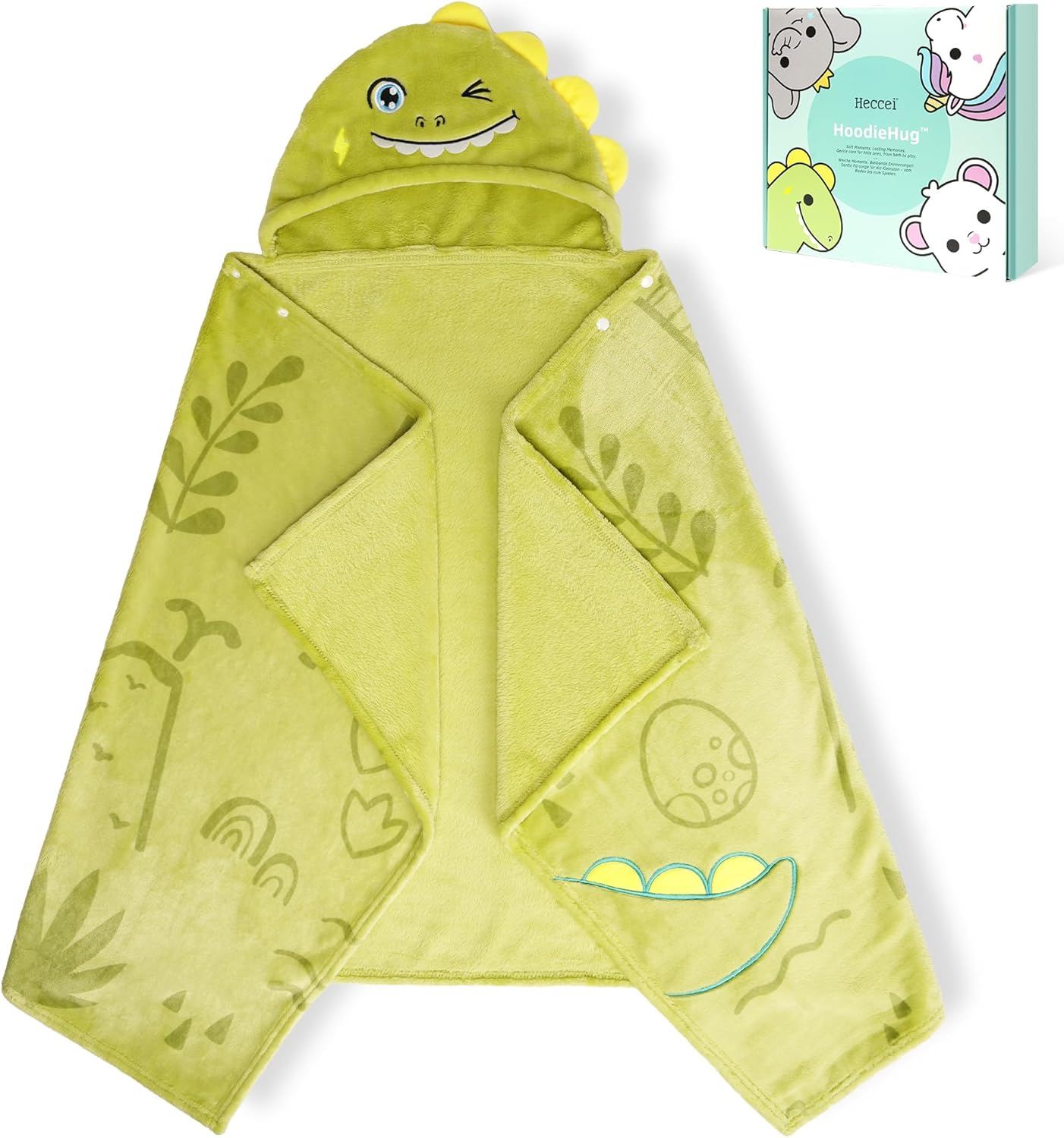 HECCEI Hoodiehug Baby Towels, Premium Coral Fleece Bath Towel with Large Size-Ultra Absorbent for Baby Comfort (Dinosaur)