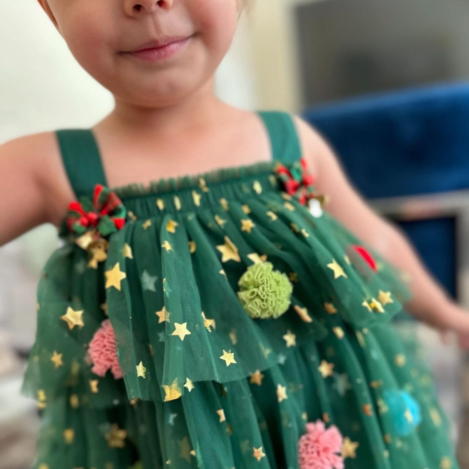 Noubeau Toddler Baby Girl Christmas Dress Star Sequin Layered Green Tutu Dresses Pompom Cake Smash Xmas Clothes image number 2