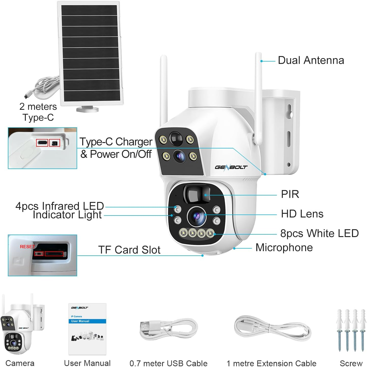 GENBOLT Solar Wifi Security Camera Outdoor Wireless, 8W 15600Mah Battery Powered Home Surveillance Camera CCTV with Dual View, Dual Lens Spotlight IP Camera with Color Night, PIR Detection image number 6