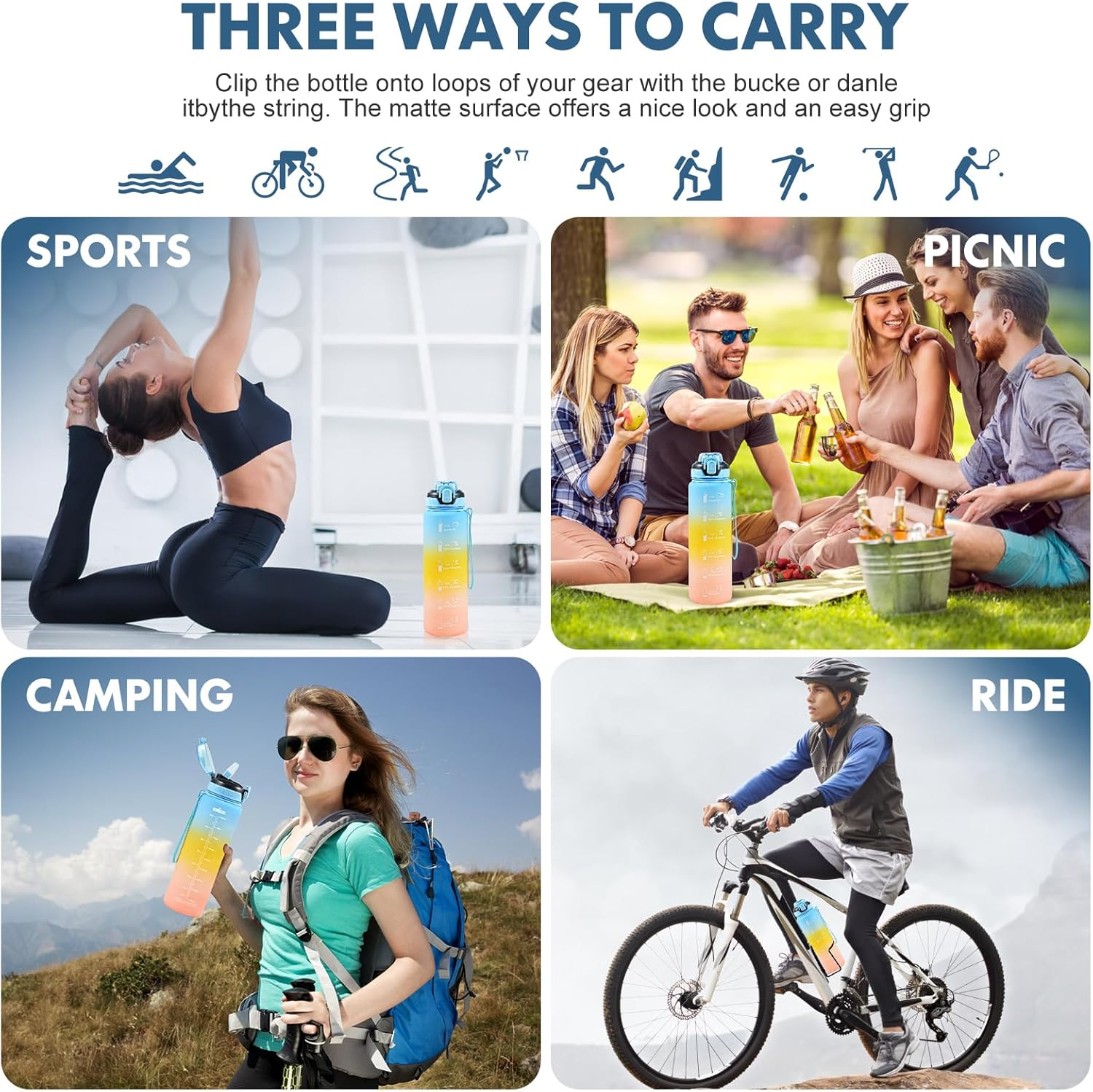 Water Bottle with Straw 1L,Boys Water Bottles with Straw 1 Litre,Waterbottle Leak-Proof Sports Water Bottle,Plastic Drinks Bottles Toxin Free，Bpa-Free (Blue-Yellow-Pink) - 11-Blue-Pink image number 6