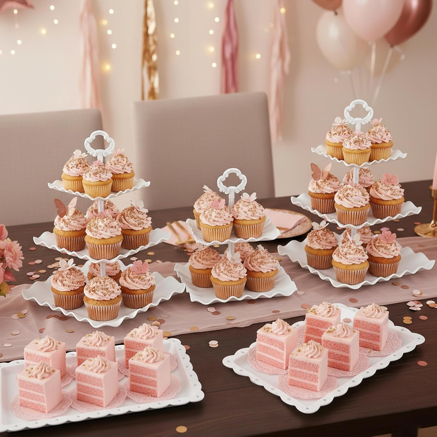 NWK 5 Piece Cake Stand Set with 2Xlarge 3-Tier Cupcake Stands + 3X Appetizer Trays Perfect for Wedding Birthday Baby Shower High Tea Stands Party Suplies（Round image number 2