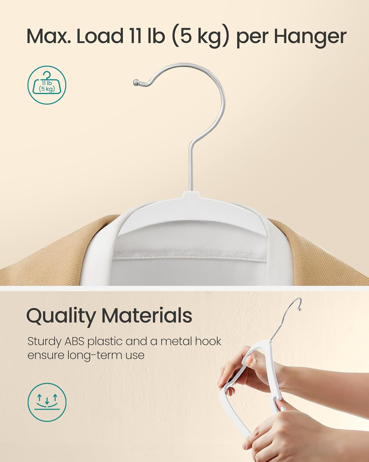 SONGMICS Coat Hangers, Pack of 50, Heavy-Duty Plastic Hangers, with Wide Shoulder Notches, Trousers Bar, 360&deg; Swivel Hook, Space-Saving, 41.6 X 21.4 Cm, for Wardrobe, Cloud White UCRP060W01 - Cloud White image number 3