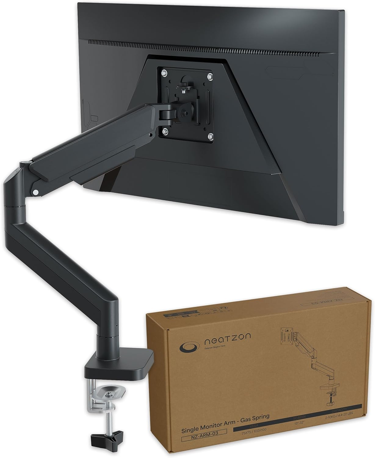 Neatzon Single 32" Monitor Arm Desk Mount for 10 Kgs Screens, Height Adjustable, VESA Compatible, Cable Management, NZ-ARM-03 image number 3