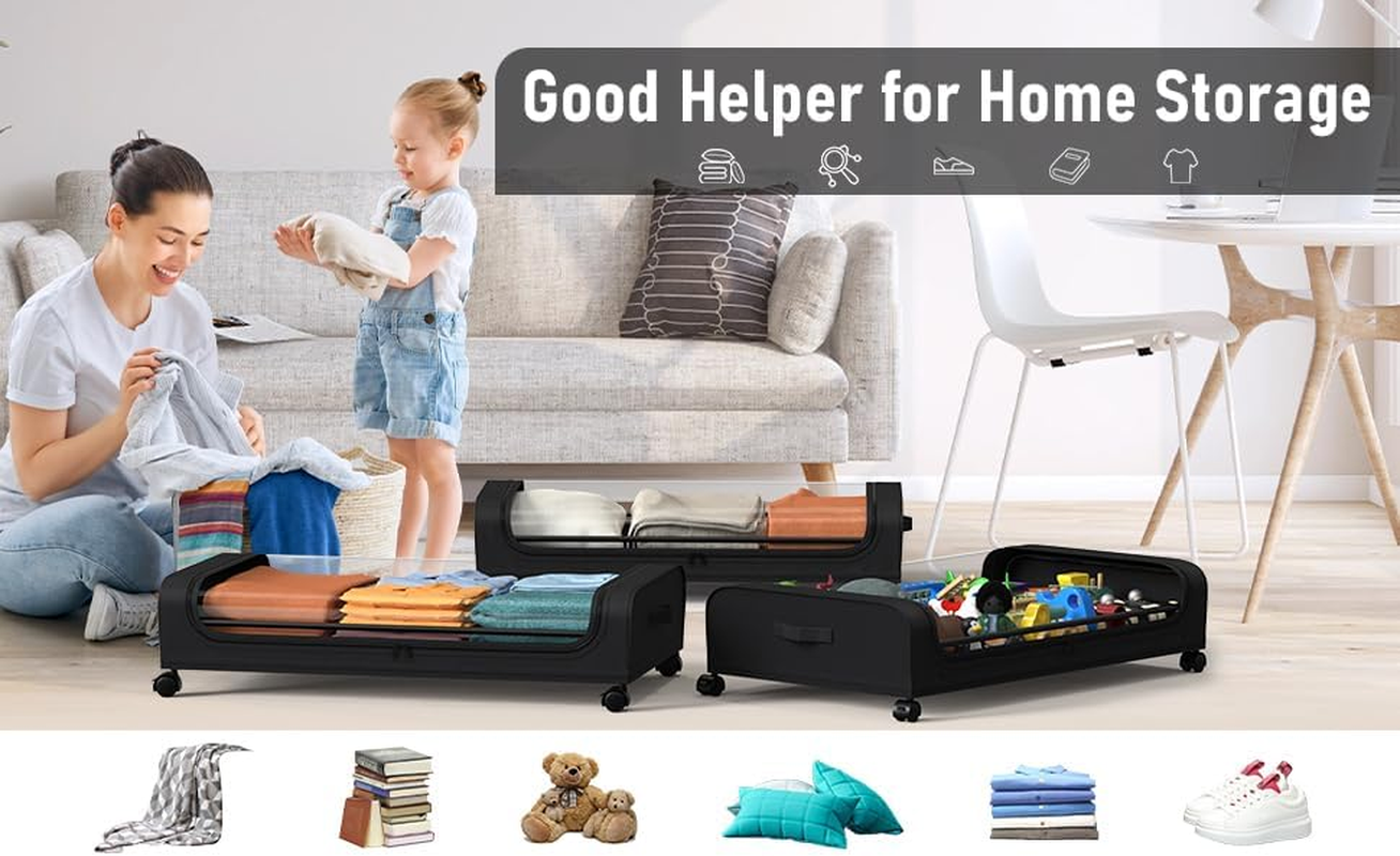 Under Bed Storage with Wheels and Lid, under Bed Rolling Storage with 50L Large Capacity, under the Bed Storage for Bedroom under Bed Storage Containers for Clothes Shoe Blanket Toy Book (Black) image number 4