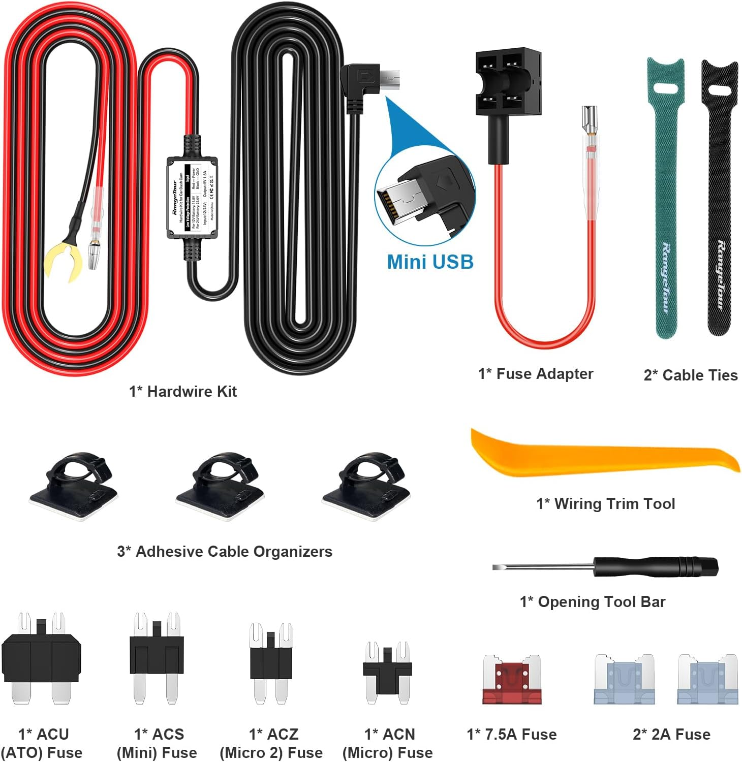 Range Tour Dash Cam Hardwire Kit Mini USB, 4M 12V-24V to 5V 2.5A (Also Fits for 1-2A) Hard Wiring Kit for Car Camera, 4 Power Adapters 3 Fuses image number 5