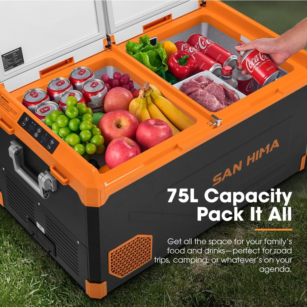 San Hima 75L Portable Camping Car Fridge, DC/AC Power Bluetooth Control Refrigerator with Double Door Detachable Lib, LG Compressor Smart Cooling & Protection -20℃~20℃, for Truck Caravan Travel Trips