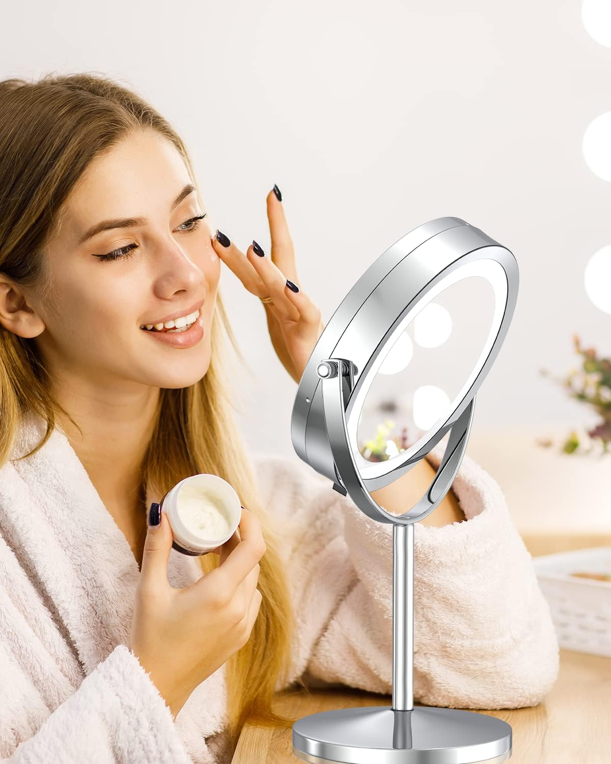 1X/10X Magnified Lighted Makeup Mirror Double Sided round Magnifying Mirror Standing 360 Degree Swivel Vanity Mirror Battery Operated 7 Inch Diameter Shaving Bathroom Mirror image number 3
