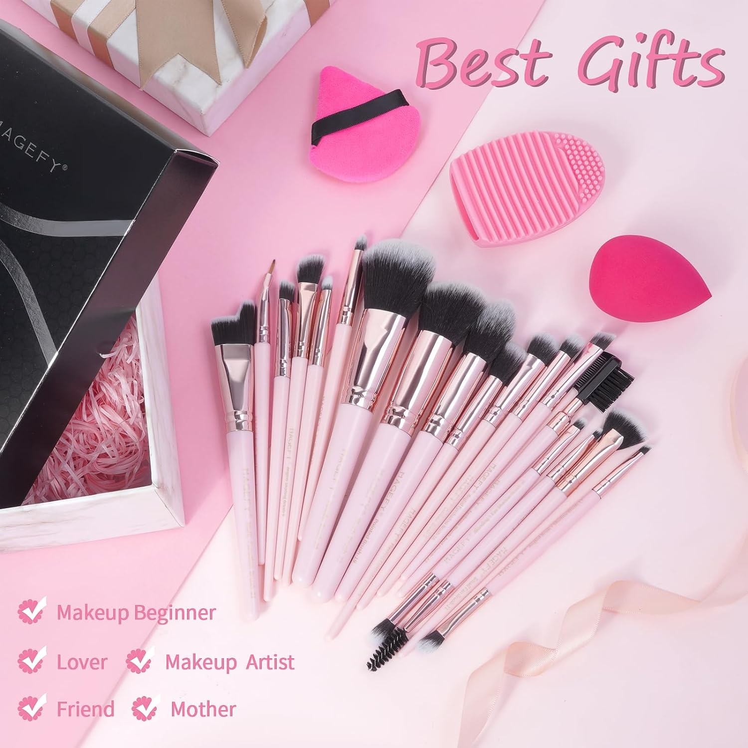 MAGEFY 18 Pcs Makeup Brushes, Premium Synthetic Make up Brushes Foundation Powder Concealers Eye Shadows Makeup Brush Set(Pink) image number 2