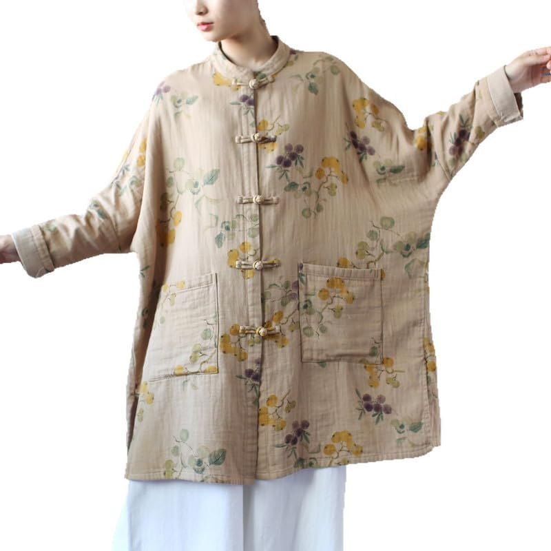 Vintage Ethnic Style Stand-Collar Frog-Button Long-Sleeve Womens Linen Blend Outer Top Beige image number 5