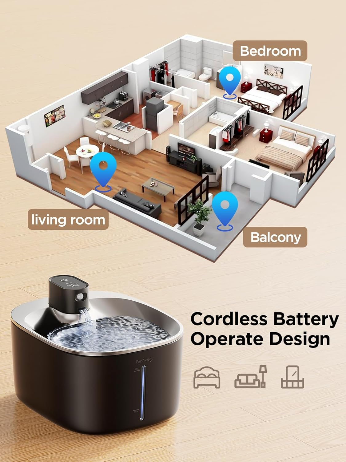 FEELNEEDY 4L Drinking Fountain for Cats Wireless with Sensor Wireless Cat Fountain Stainless Steel with Motion Sensor without Power and Battery 4000 Mah, 3 Modes, Quiet Pump and 2 Filters, Black image number 2