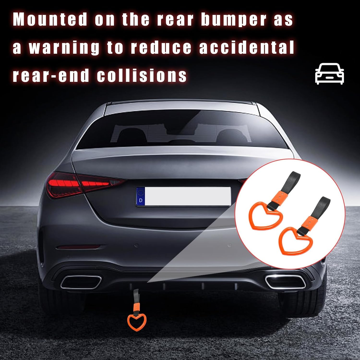 2PCS Ring Heart Shaped Car Hand Straps, Cute Rear Bumper Warning Rings Drift, Warning Loops for Car Interior Decor (Orange & Black) image number 3