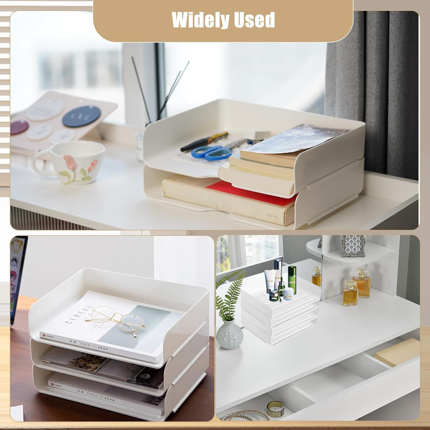 Desk Organiser and Storage, 4-Tier Paper Letter Tray Organiser, Stackable White Desktop Organiser, Storage Compartments, Stackable Order for Documents, Paper, Book Magazine, Office Supplies （4 Pack） image number 1