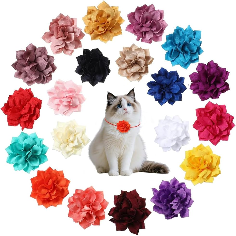 20 Colors Dog Collar Bows Flowers Multi Color Accessory Pet Bow Ties Flower Collars Multicolored for Dogs Grooming Cat Puppy Collar Grooming Accessories, Chiffon Fabric image number 2
