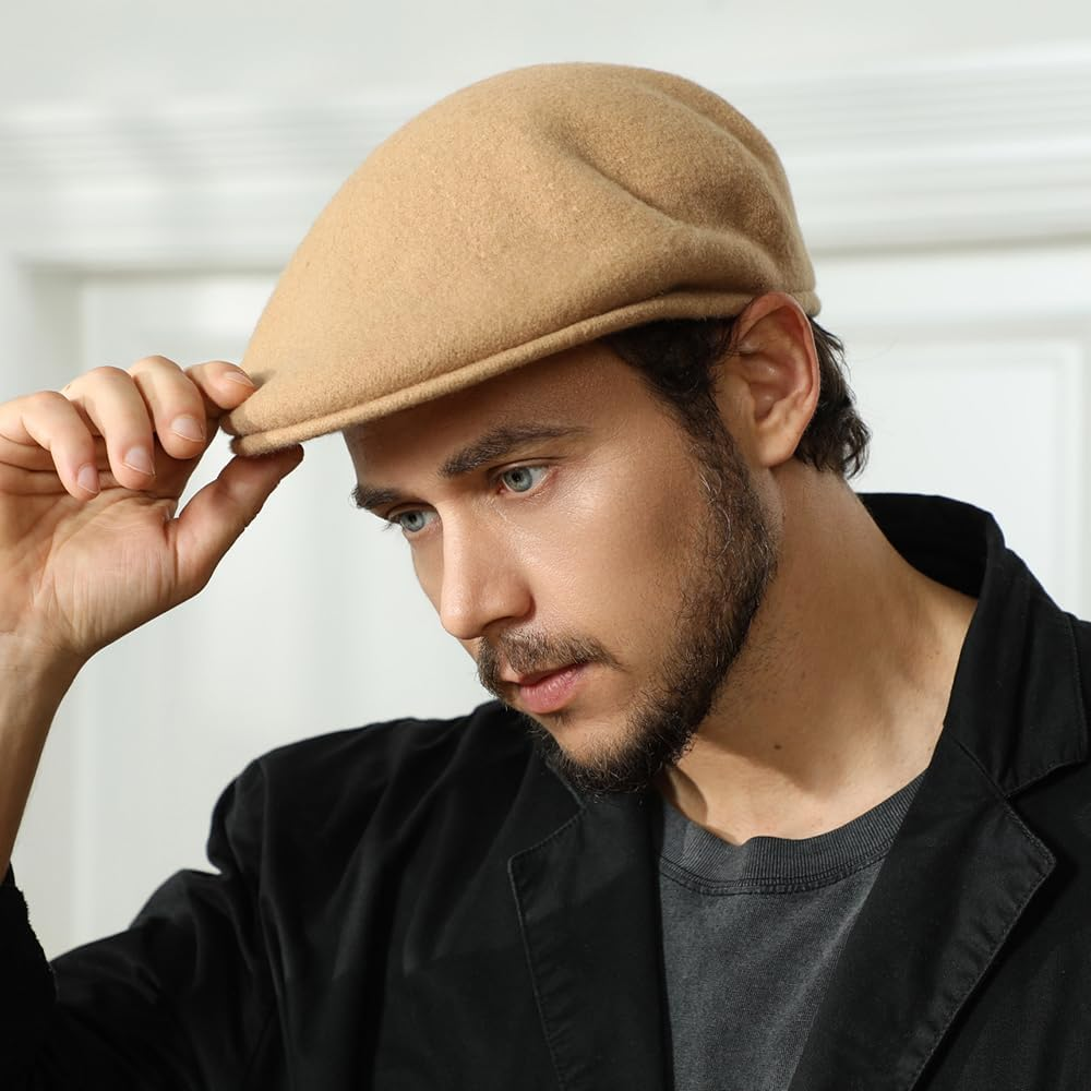 Wool Blend Mens Newsboy Caps, Classic Flat Cap Ivy Cabbie Gatsby Hat Winter Beret Hat for Men - Coffee image number 2