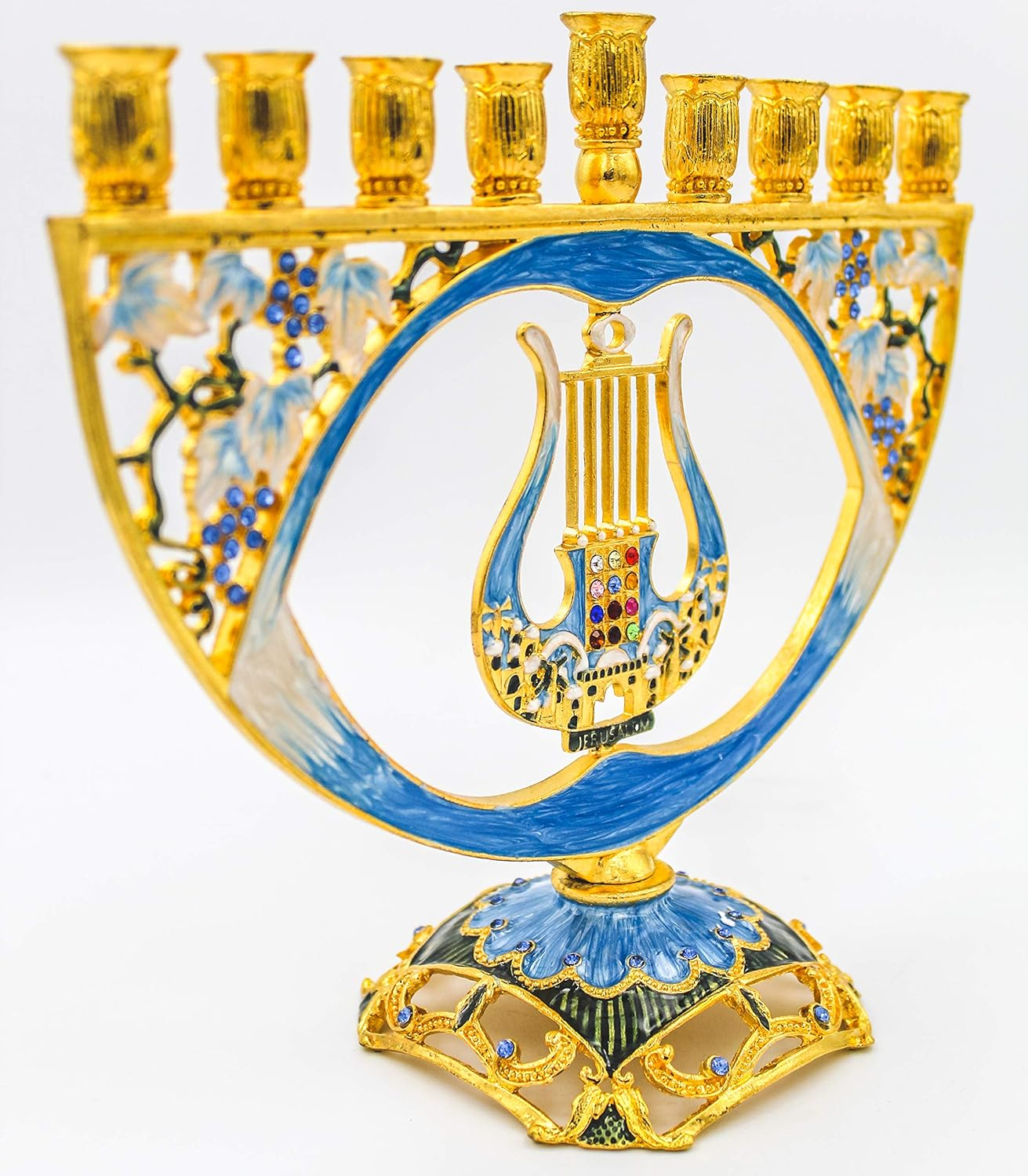 The Dreidel Company Menorah - Jeweled 8&rdquo; - Artistic Jeweled Menorah - Mosaic Blues and Gold Plating - Jeweled Hanukkah Menorah with Harp of King David and Hoshen image number 1