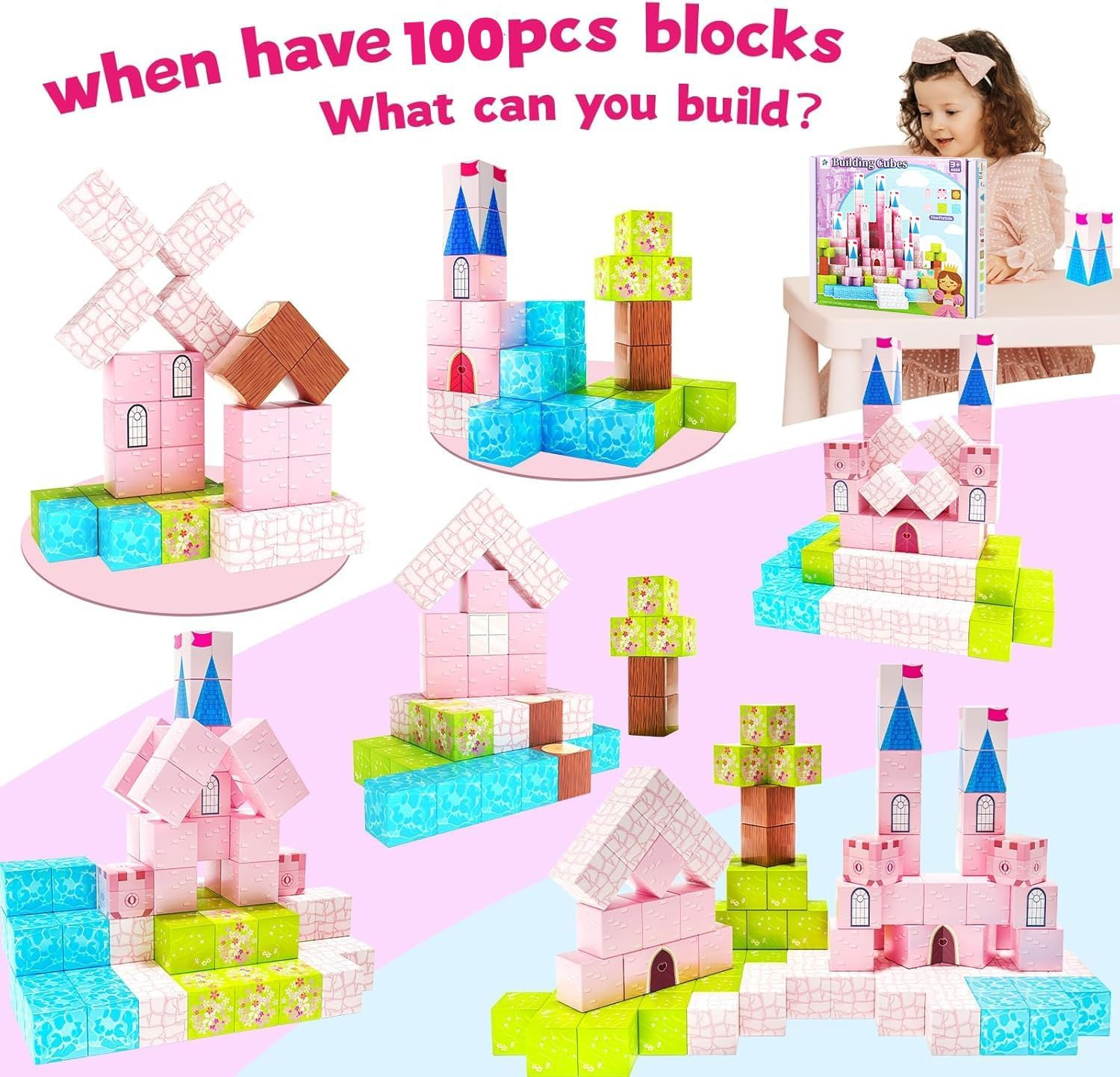 Magnetic Blocks-100Pcs Magnetic Blocks Princess Toys,Build Mine Magnet World,Stem Sensory Magnetic Building Blocks Construction Toys Kids,Birthday Gifts for Kids 3+Years Old,Creative Kids Games Toys image number 4