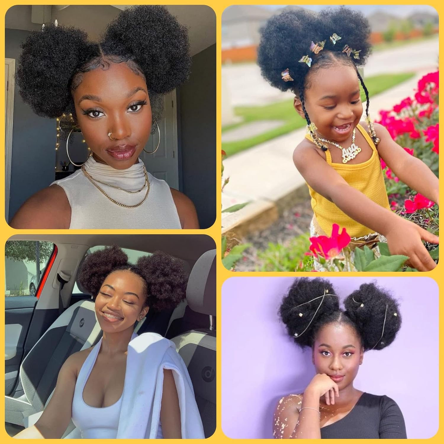 FEIPRO Afro Puff Drawstring Ponytail Human Hair Small Curly Ponytail Buns Hairpieces 8A Brazilian Virgin Hair Short Clip in Ponytails for Black Women Girls Kids 6 Inch Natural Black