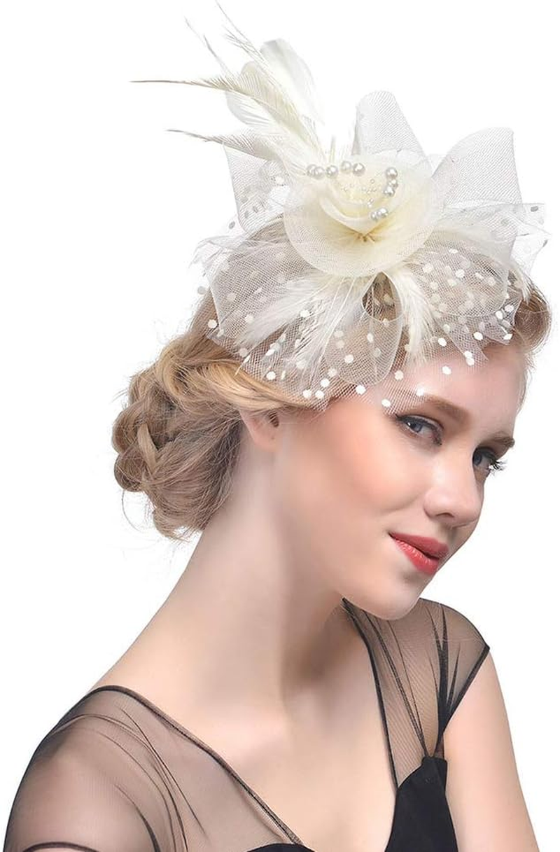 Beaded Feather Net Flower Bridal Derby Hat Fascinator with Clip Hairband