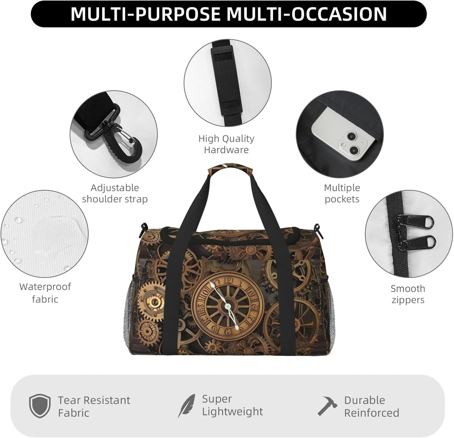 Steampunk Gears Clock Travel Duffel Bag Lightweight Waterproof Carry on Tote Bag Foldable Weekender Overnight Bags Sport Gym Bag for Women Men, Black, One Size image number 5