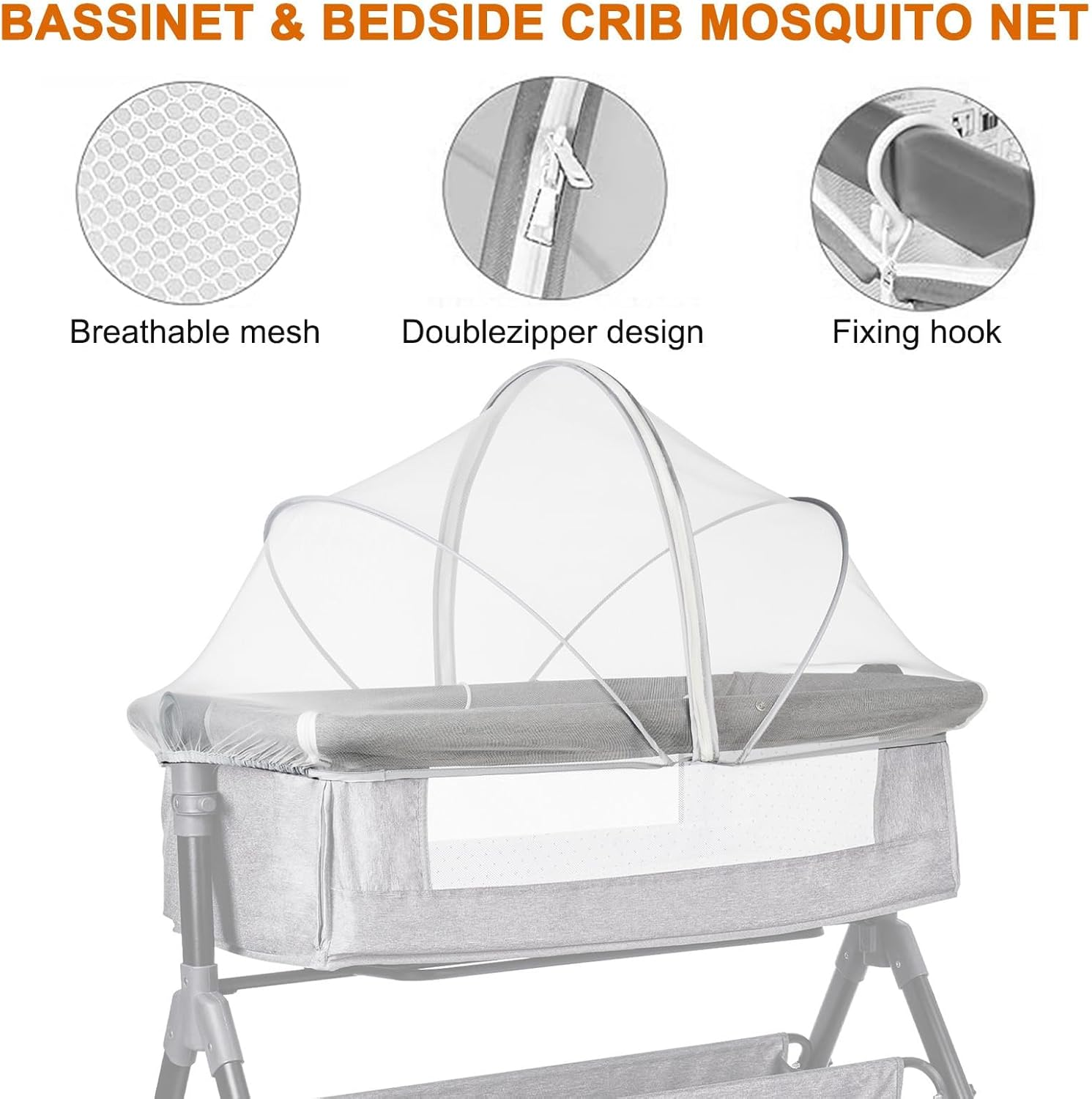 Bassinet Cover Mosquito Net, for Babies to Keep Insects/Bugs/Cats Out, Mesh Cover for Bassinet Bedside Sleeper, Travel Crib, Breathable Baby Mosquito Net with 2-Way Zipper