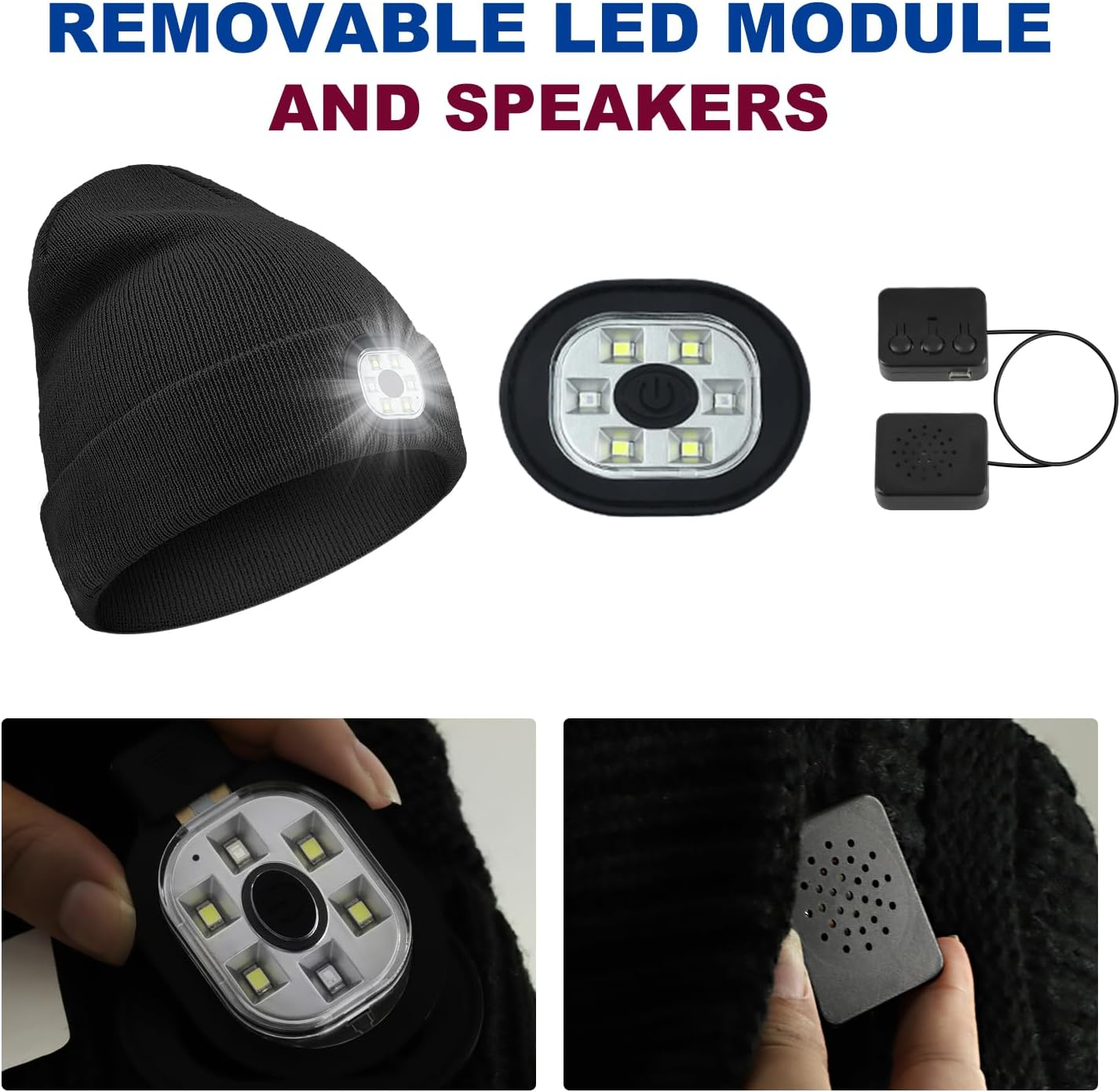 HEYITOP Bluetooth Beanie Hat with Lights,Unisex USB Rechargeable 6 LED Lights Hat,3 Modes (Low, High, Flash),Headlamp Cap with Wireless Headphones Gifts for Men Dad Teen Black image number 4