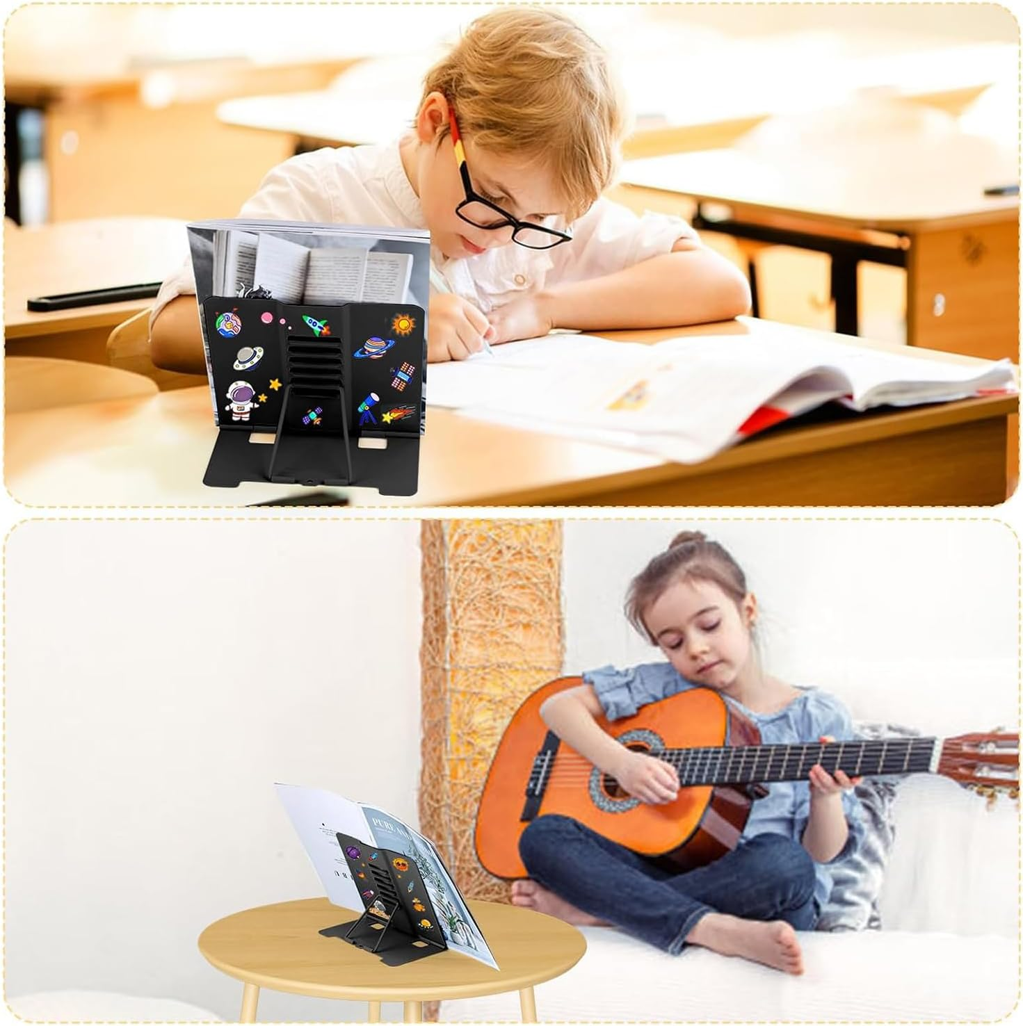 Cyanmor Desktop Reading Stand, 6-Level Adjustable Folding Reading Shelf, Portable Shelf with Non-Slip Pad, Cartoon Sticker Bookmark, Suitable for Textbooks, Cookbooks, and Tablets (Black) image number 2