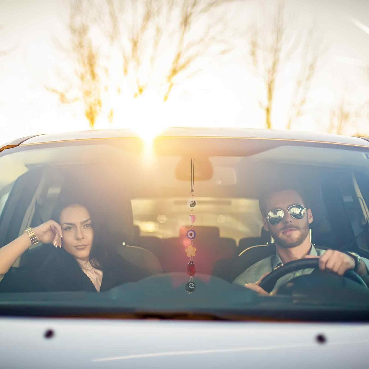 Good Lucky Days Car Charm, Evil Eye Car Hanging Ornament Beaded Lanyard Decor Rear View Mirror Car Ornament Cute Boho Flower Yin Yang Bead for Car Decor image number 4