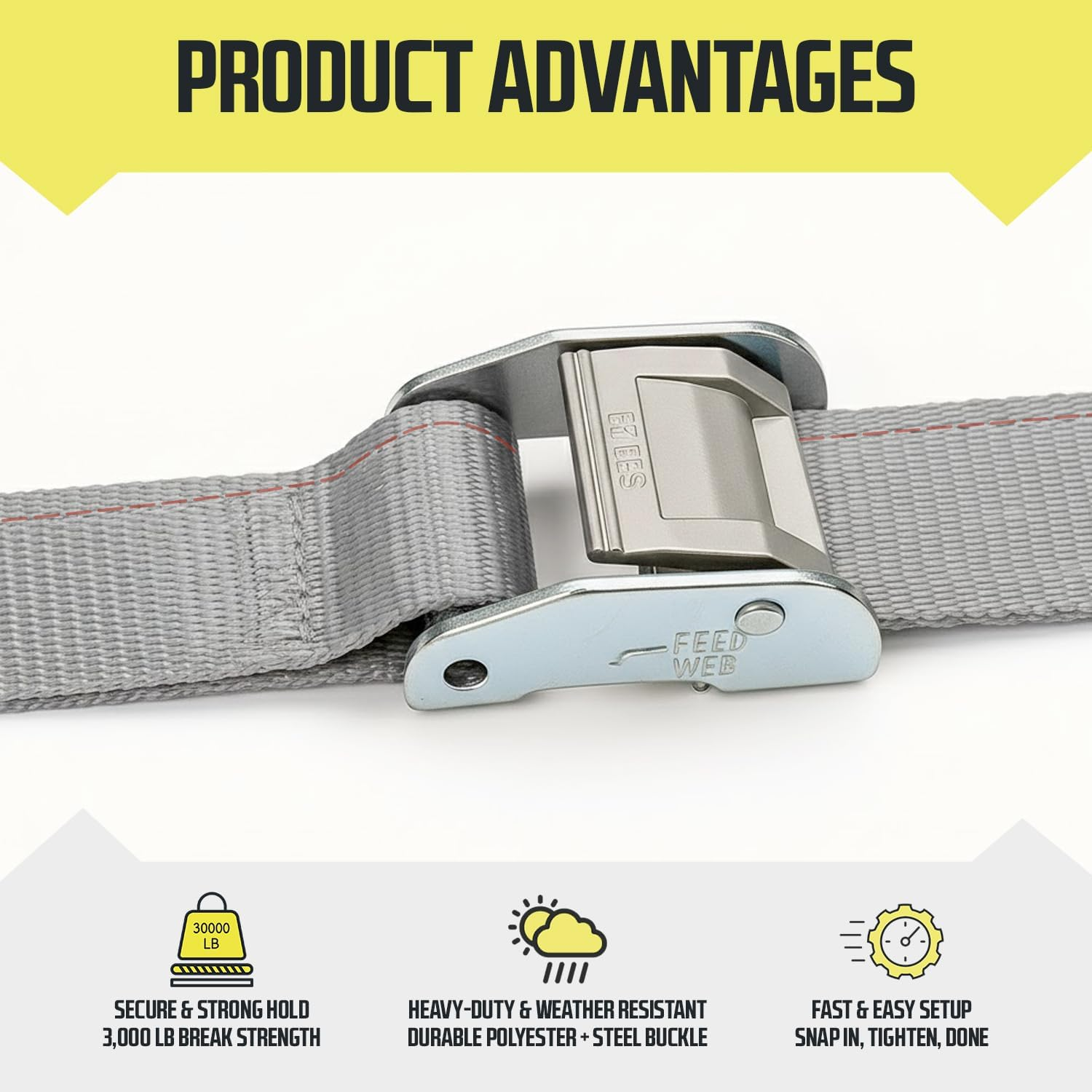 DC Cargo E-Track Cam Buckle Straps Cargo Tie-Downs, (Pack of 4) 2 X 16 Heavy Duty Grey Tie-Down Cam Buckle Straps, Strong Cam Buckle Strap, E-Track Spring Fittings, Tie down Motorcycle image number 1