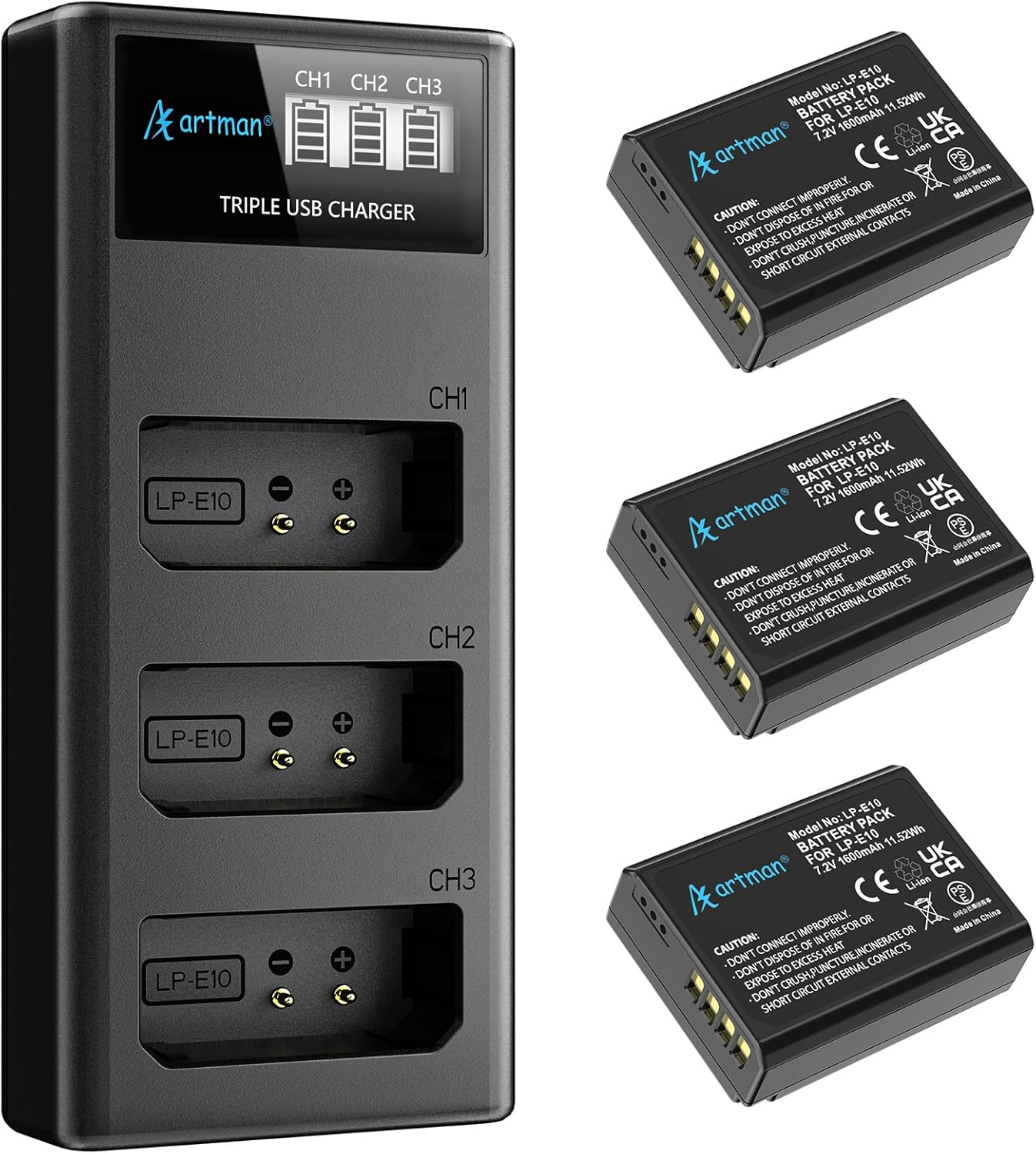 Artman LP-E10 Battery 3-Pack 1600Mah and 3-Slot LCD Charger Pack for Canon EOS Rebel T7 T6 T5 T3 T100 Kiss X50 Kiss X70 EOS 1100D 1200D 1300D 2000D Digital Cameras image number 1