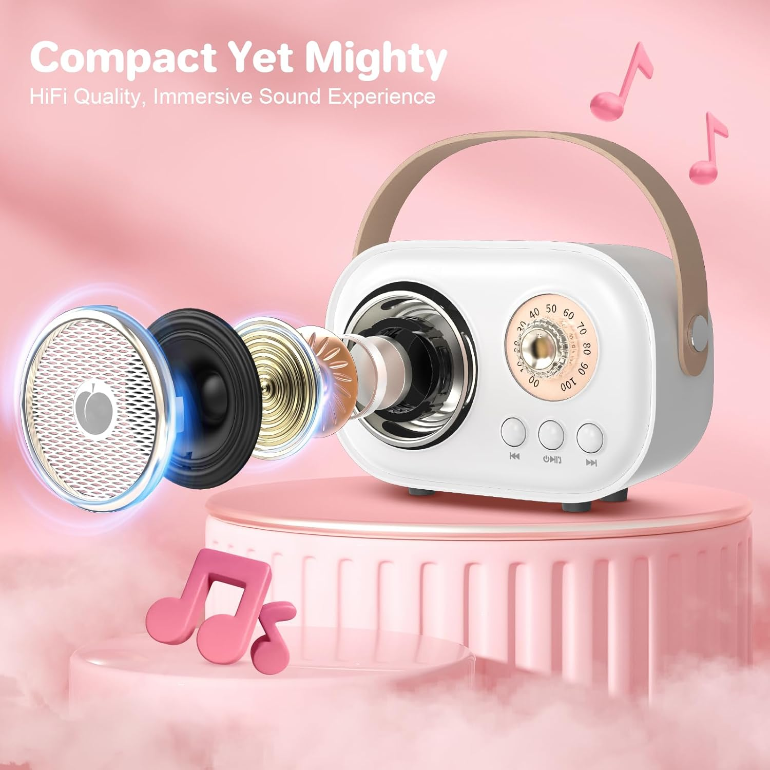 Mini Karaoke Machine for Kids Adults,Portable Bluetooth Speaker with 2 Wireless Microphones, Gifts Toys for Girls 3, 4, 5, 6, 7, 8+ Years Old Toddler Teens Birthday Family Home Party (White) - Beige image number 7