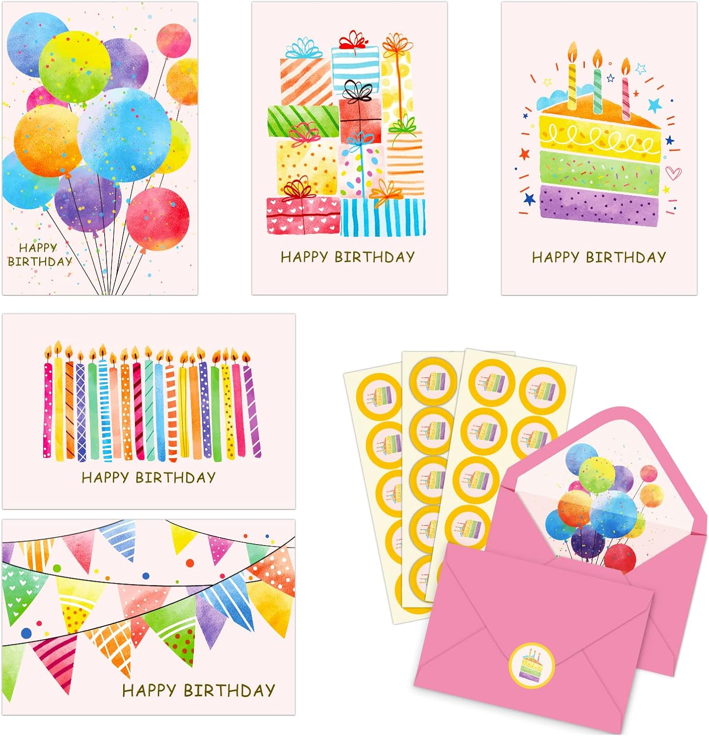 50 Pack Happy Birthday Cards with Envelopes, Watercolor Birthday Cards Assortment, Assorted Blank Birthday Cards Bulk with Envelopes & Stickers for Birthday Party image number 6