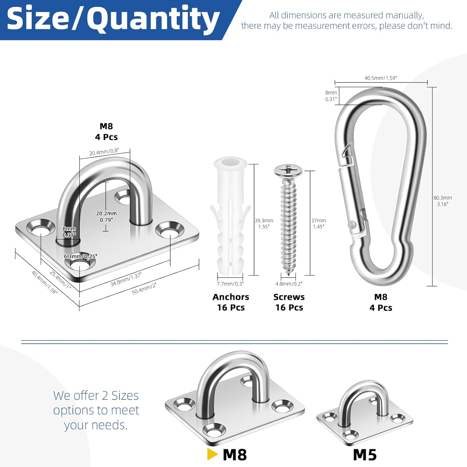 Glarks 40Pcs M8 Stainless Steel Pad Eye Plate Hook and Snap Hook Kit, Square Eye Plate U Hooks Heavy Duty Ceiling Hooks and Carabiner Clips Snap Hook for Ceiling, Mounting Hanging Hardware image number 6
